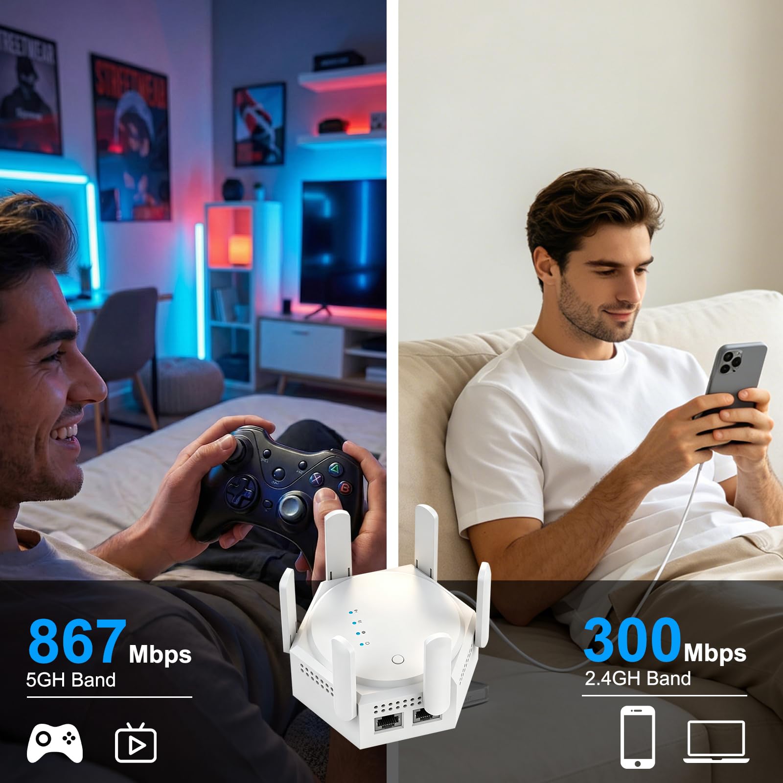 OBEST Ripetitore di Segnale WiFi, 1200 Mbit/s Dual-band con 6 Antenne | 5 GHz/2.4 GHz Amplificatore WiFi, LAN Gigabit, Modalità AP, Compatibile con Numerosi Router WiFi, Ideale per Casa e l'ufficio