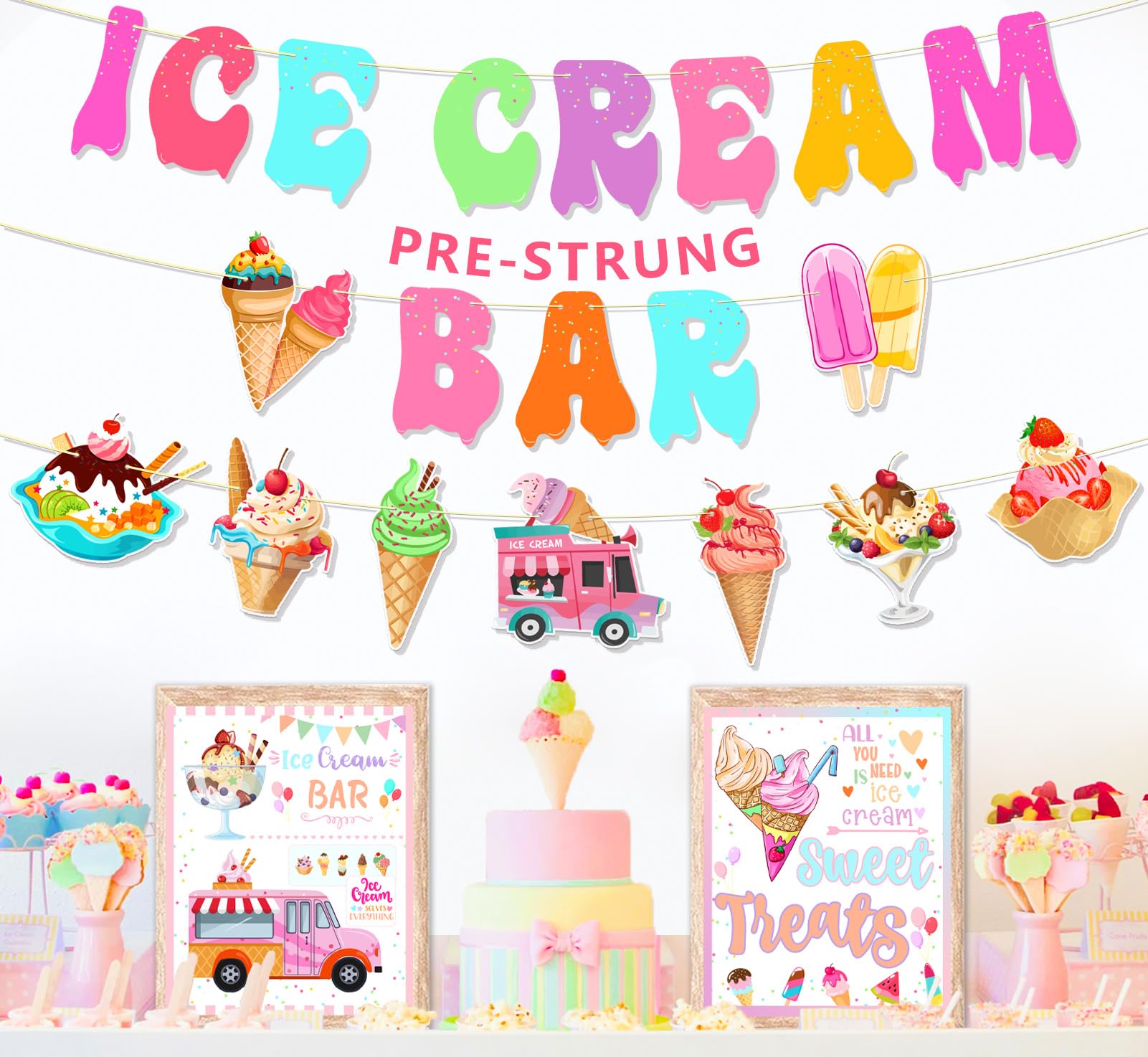 Ice Cream Party Decorations Ice Cream Bar Banner | Pre-Strung Ice Cream Bar Supplies Kit, Sweet Treat Sign Sundae Banner for Birthday Baby Shower Parties