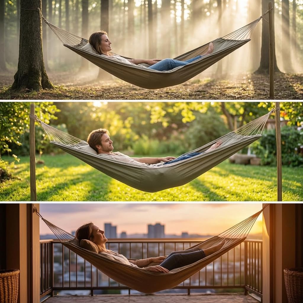Hamac Exterieur à Suspendre Pliable, Toile résistante avec Barres en Bois, Anti-basculement pour Camping et Jardin, Hamac Anti-basculement Le