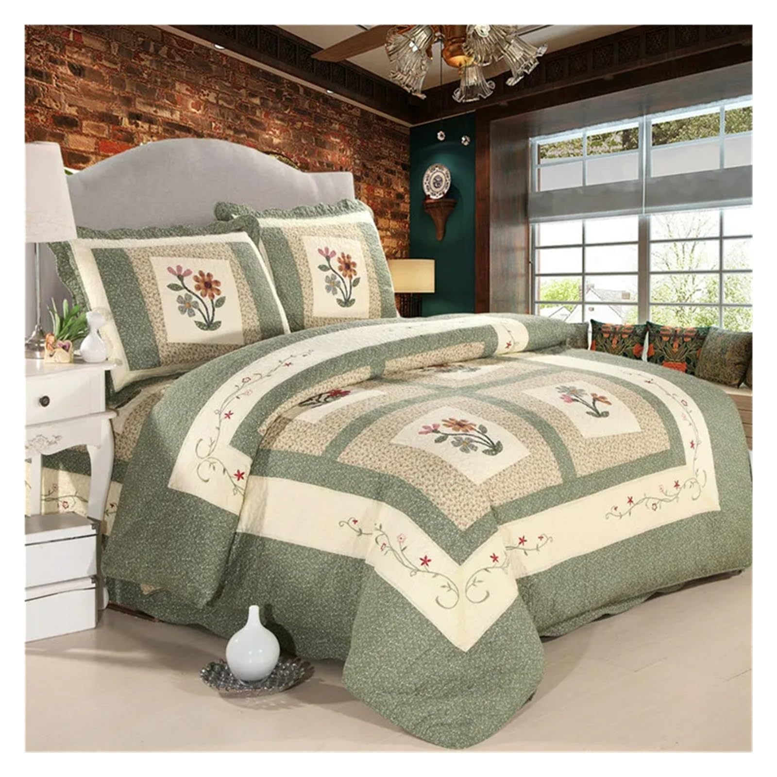 Copriletto Trapuntato in Cotone Floreale, 3/4 Pezzi, Patchwork, Lenzuola, Copripiumino, Coperta, Plaid, copriletto Imbottito.