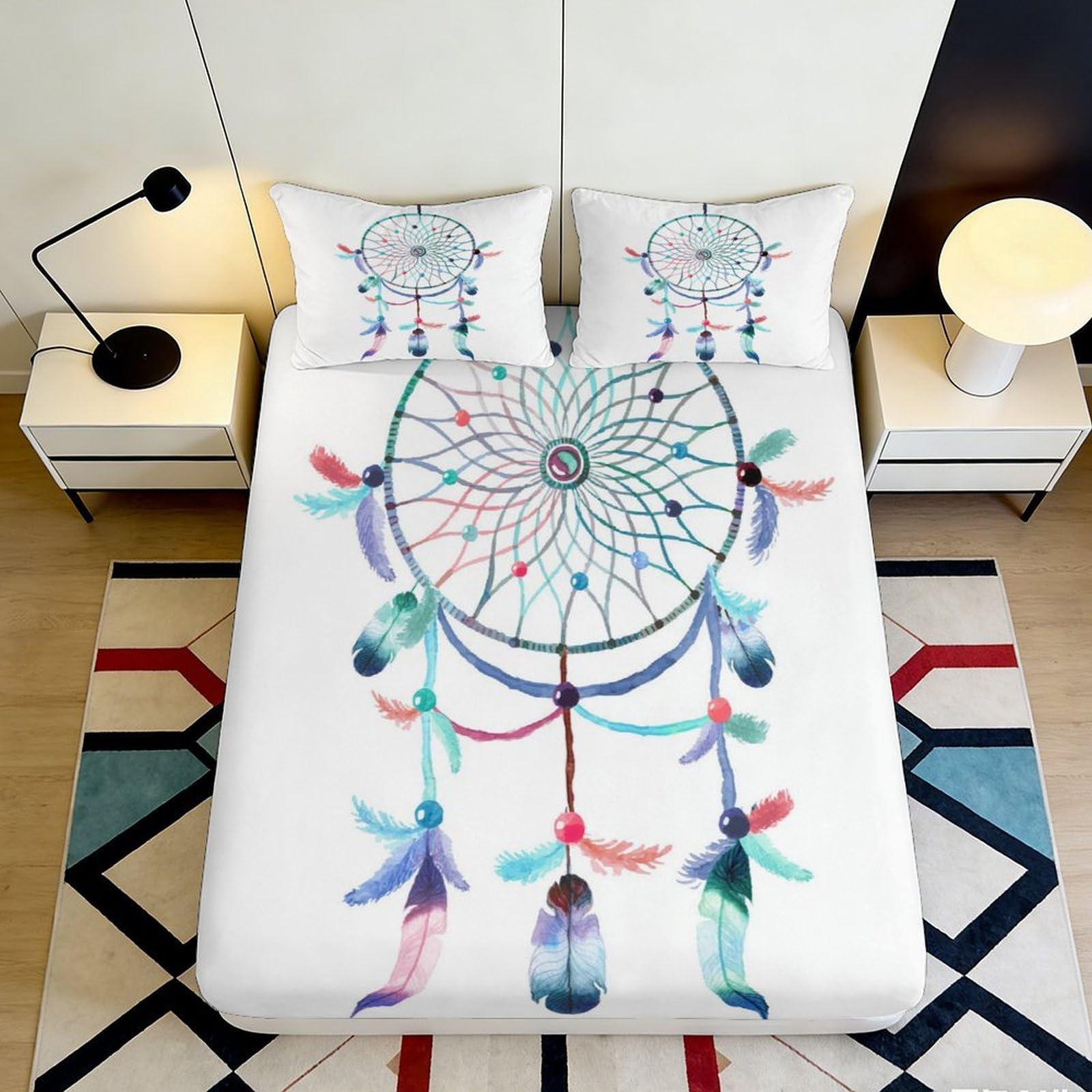 3D Printed Dreamcatcher Fitted Sheet Microfiber Soft Breathable Feather Pattern Bed Cover for Bedroom Dormitory Guest Room Mattress Protection 180x200x25cm