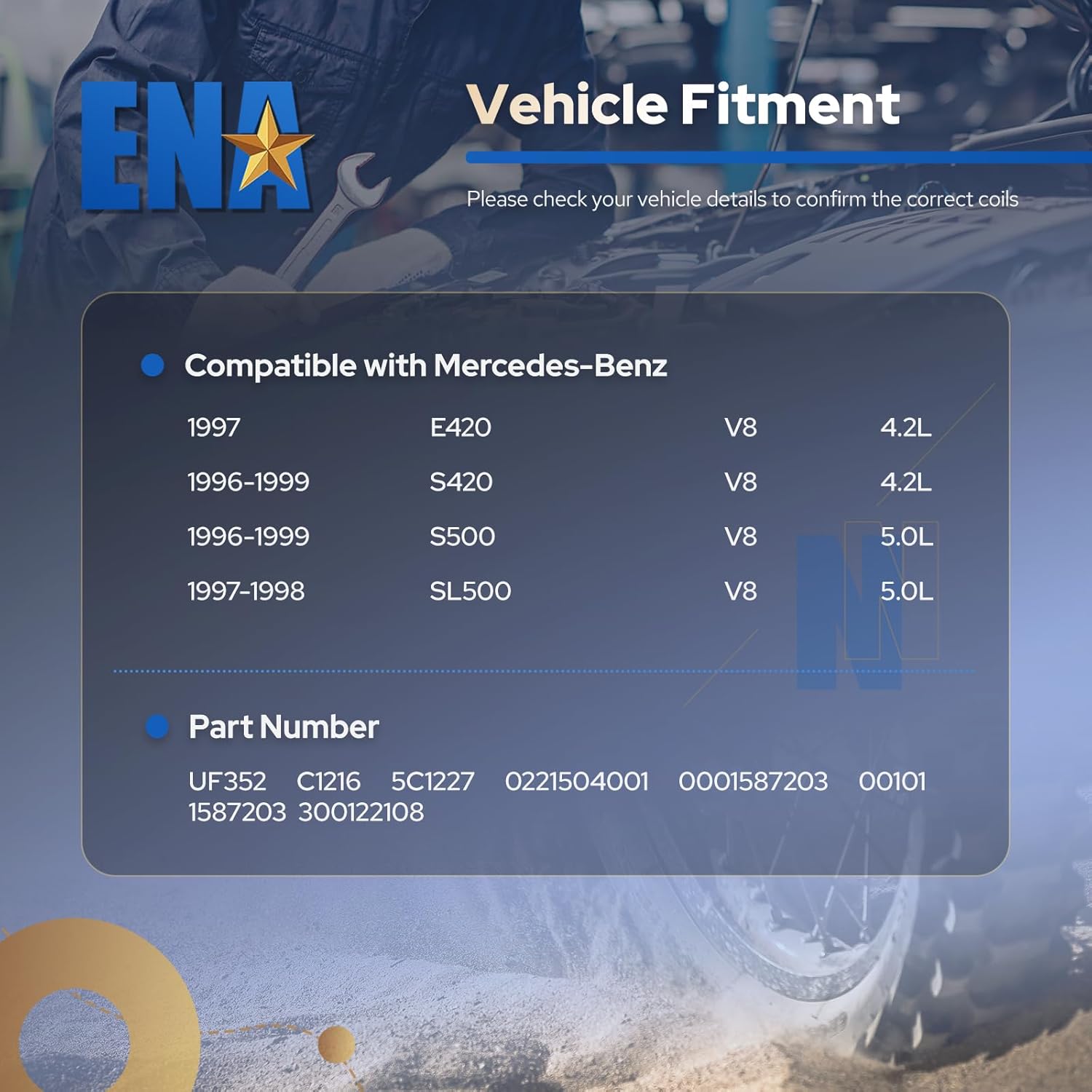 ENA Set of 8 Ignition Coil Pack Compatible with Mercedes-Benz 1996 1997 1998 S420 S500 SL500 Replacement for C1216 UF-352 5C1227 0221504001