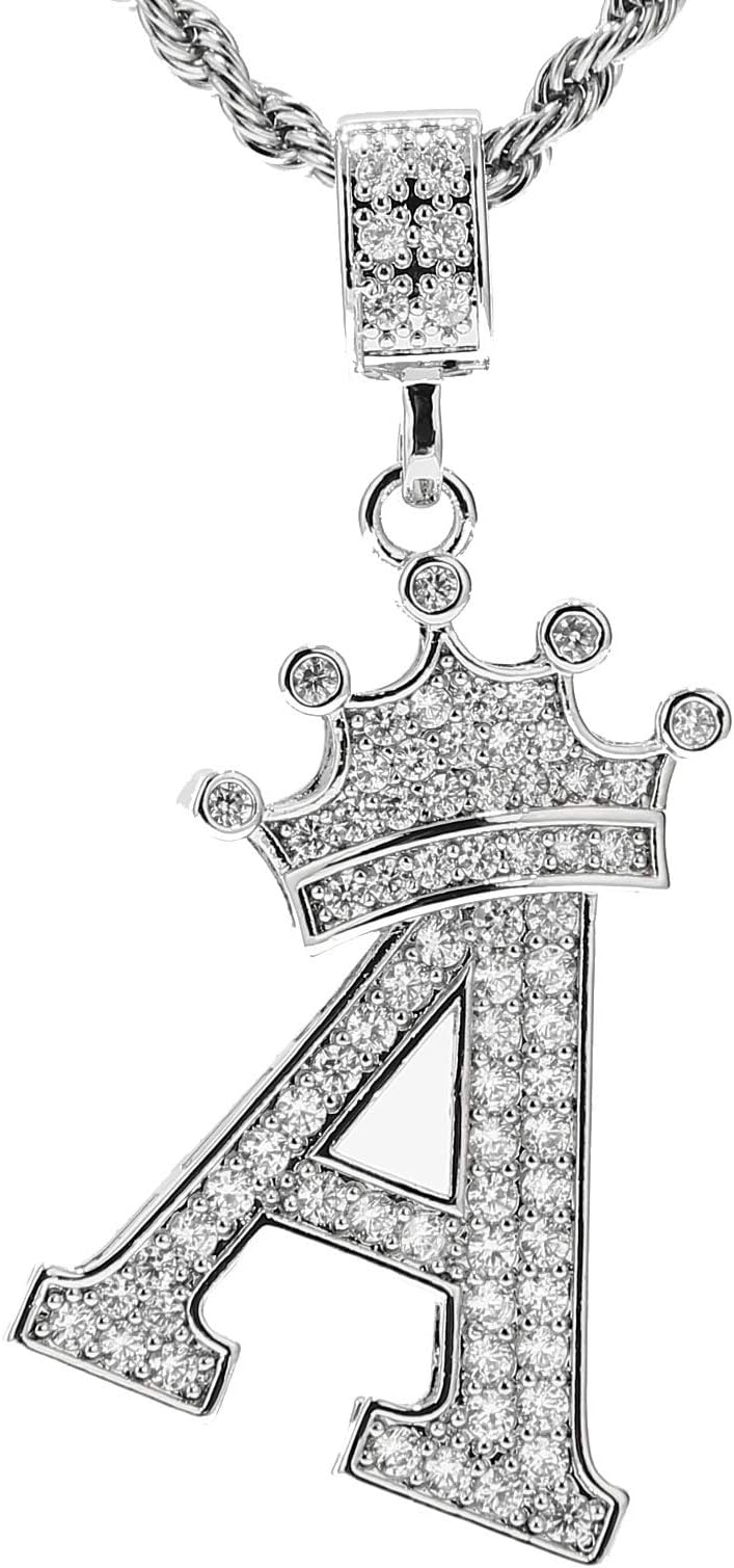 A-Z Letters Necklace Crown Necklace for Men Women 18K Gold Plated Letters Pendants with 23'' Chain Hip Hop Alphabet Name Jewelry Mom Gifts