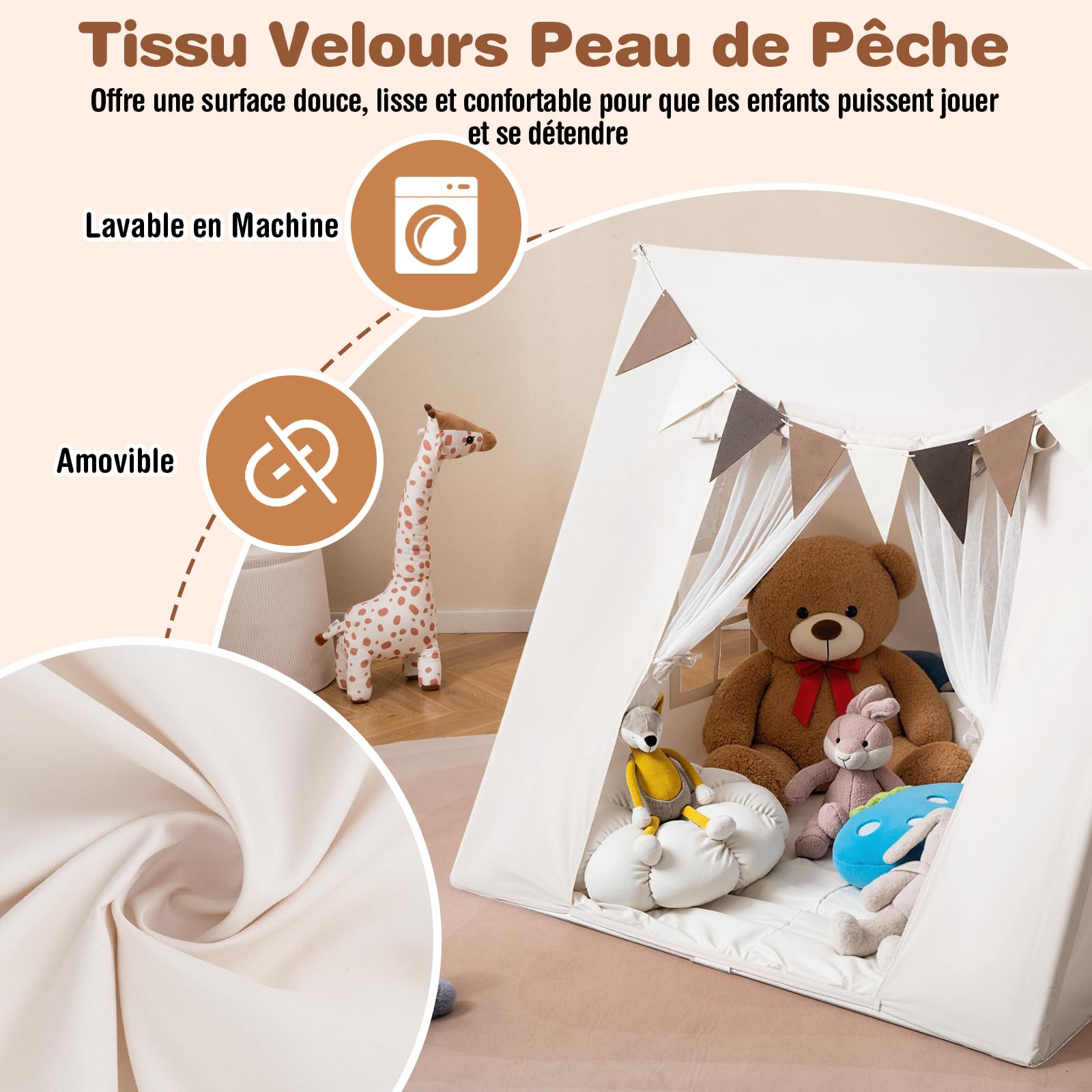 COSTWAY Tente de Jeux Enfant avec Drapeaux & Tapis, Cabane Enfant Intérieure Triangle avec Fenêtres & Tissu Lavable, Style Princesse pour 2-3 Enfants de 3 Ans+