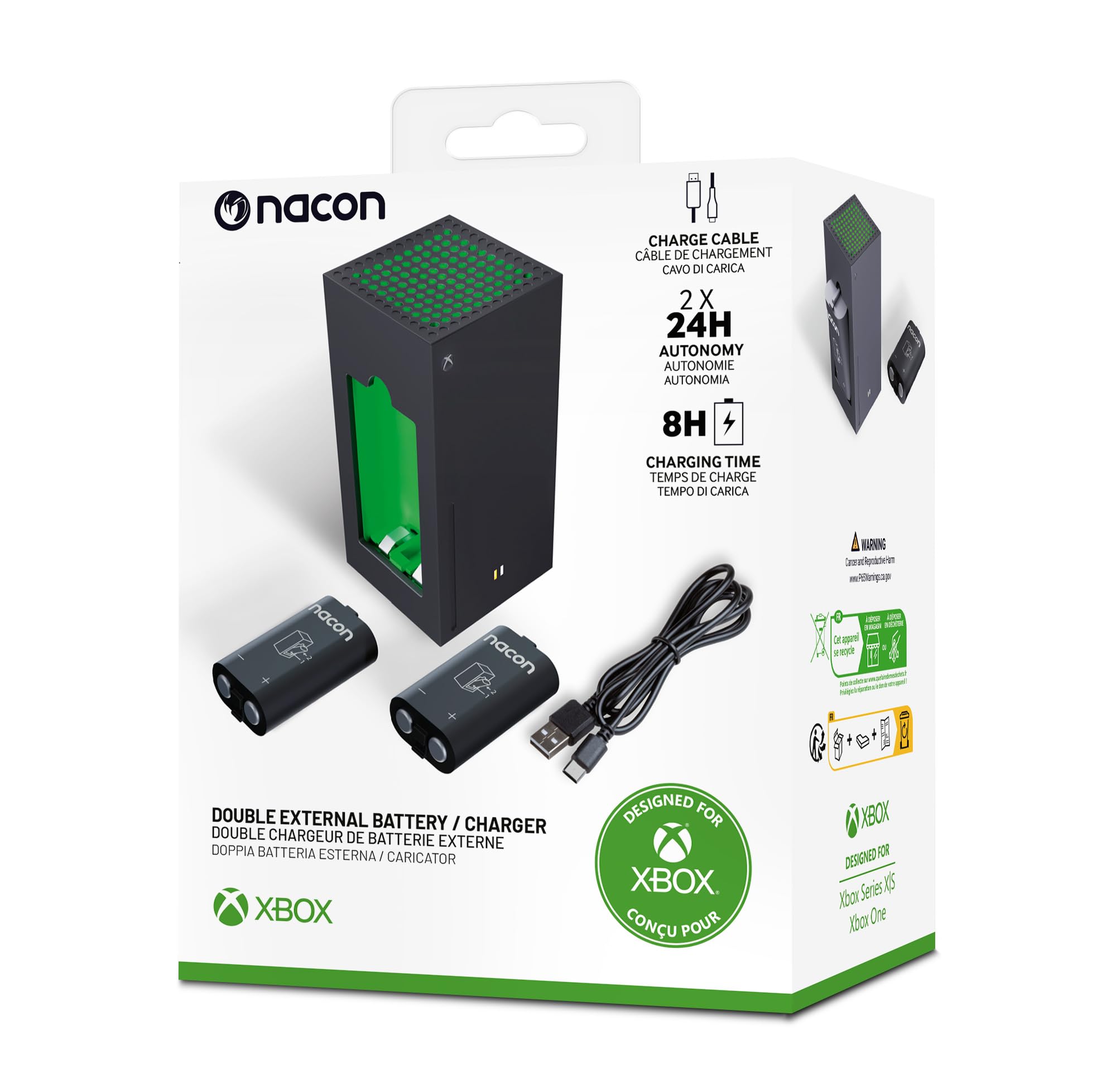 Nacon Double Chargeur pour Manettes Xbox Series X|S & Xbox One + Deux Batteries Rechargeables Haute capacité - Câble USB 1 mètre – Licence Officielle Xbox - XBXBATTERYBOX