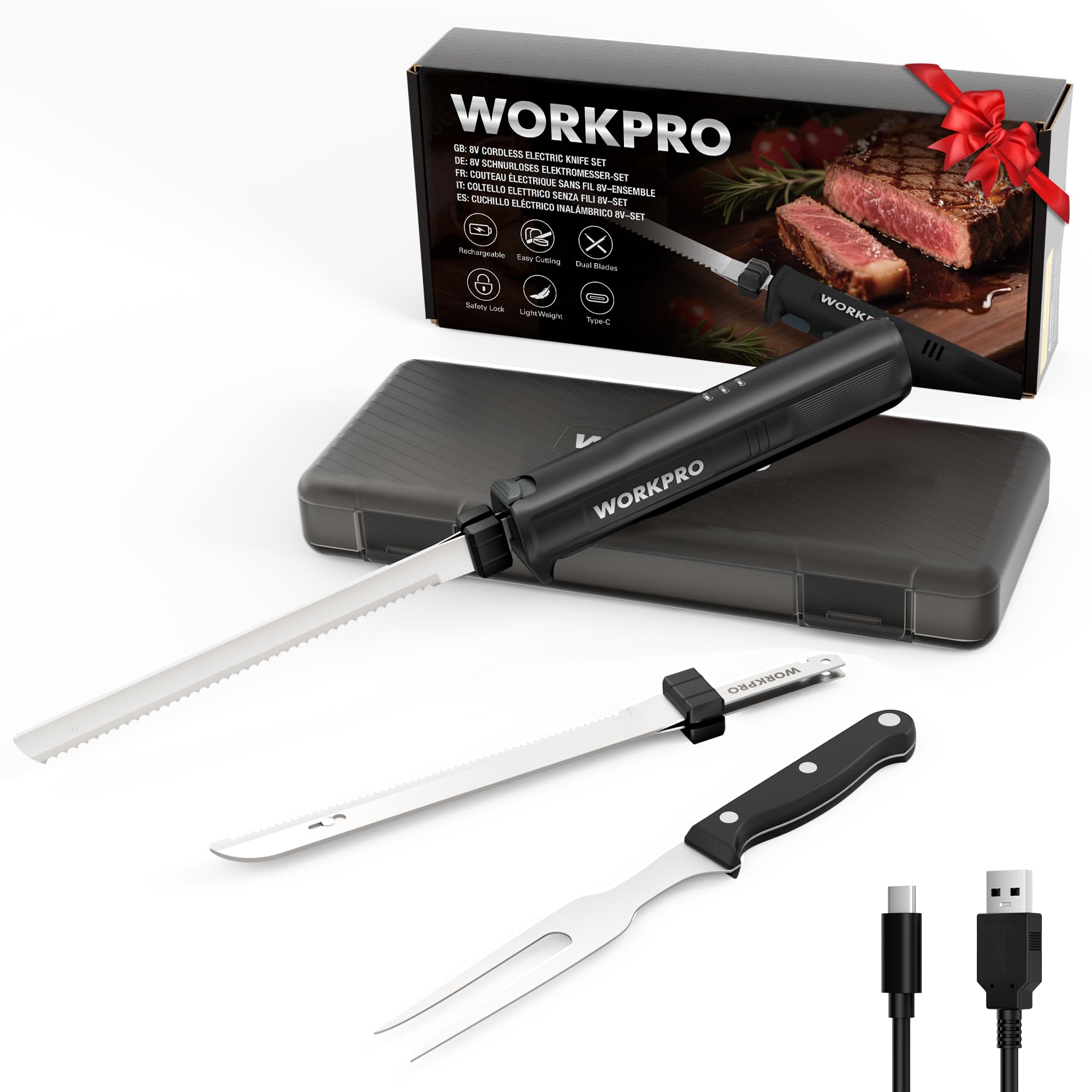 WORKPRO Elektromesser 8V, Kabelloses Küchenmesser mit 2 Edelstahlklingen, 2000 mAh Akku, Schwarz