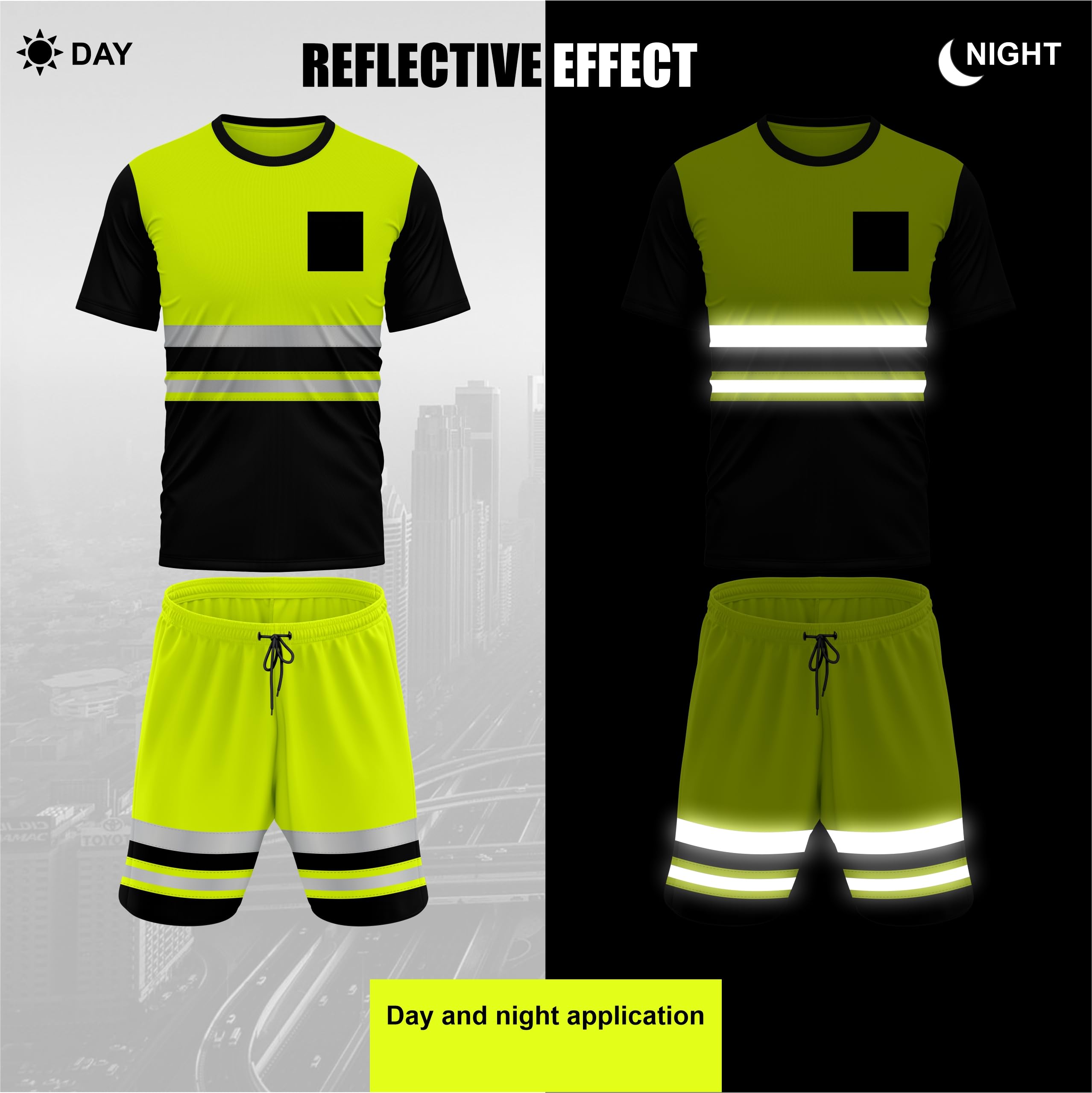 mymixtrendz Survêtement réfléchissant haute visibilité à manches courtes pour homme avec cordon de serrage et poches latérales sur la poitrine sur le devant - 2 pièces S/2XL