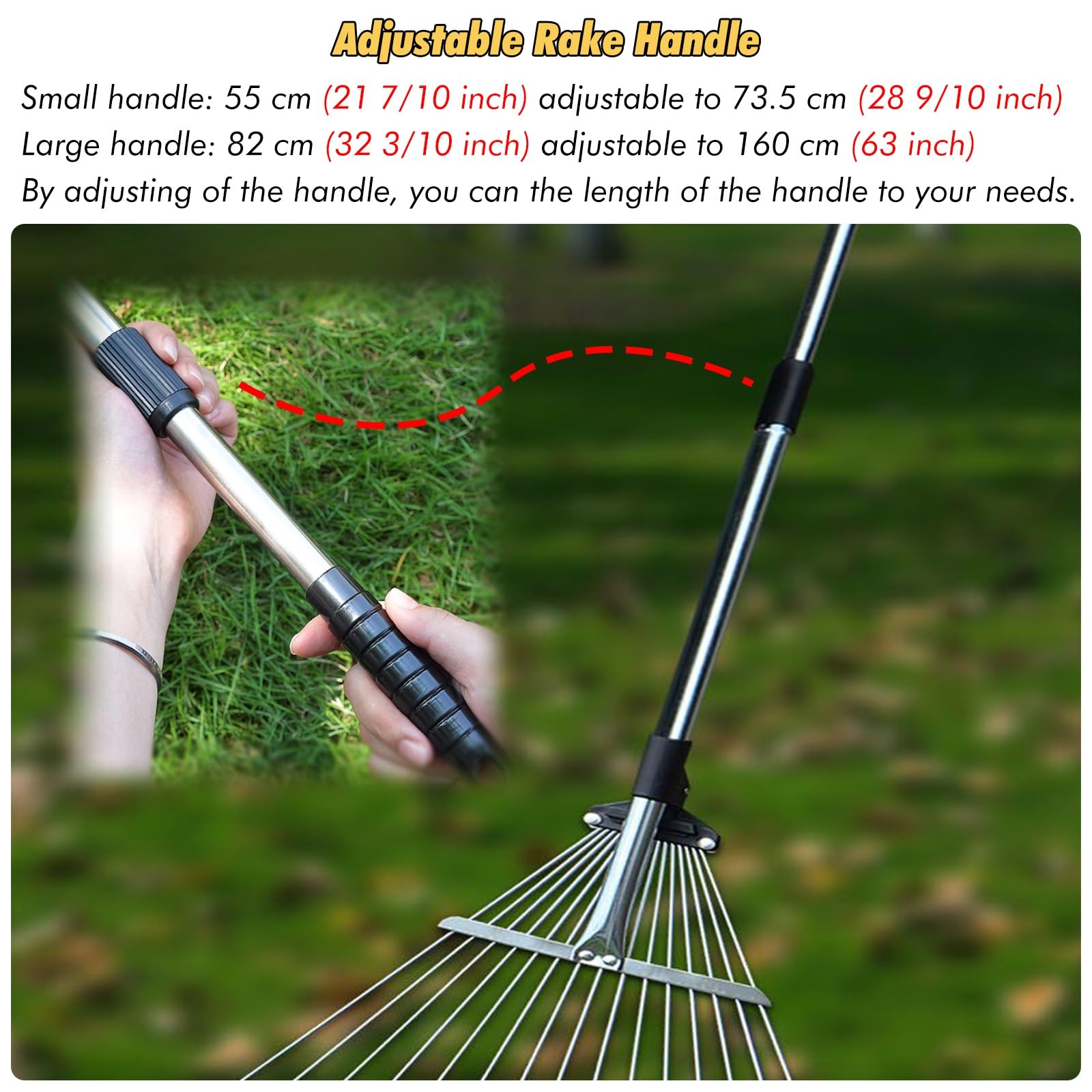 Rastrello Per Foglie Rastrello da giardino in acciaio inossidabile per foglie, 55 - 73 cm/ 82 - 160 cm Rastrello da giardino retrattile in metallo/Piccolo rastrello per tappeto erboso per paesaggi art