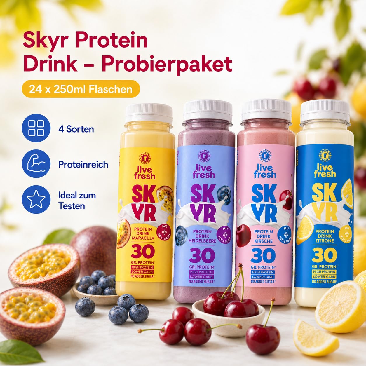 LiveFresh Skyr Drink Probierpaket 30g Protein Kollagen Kalorienarm Ohne Zuckerzusatz 24x250ml