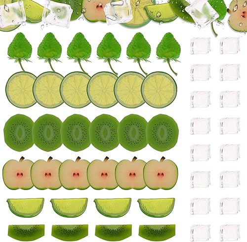 Woration Juego de 48 piezas de frutas de plástico para decoración de color verde falso, kiwi, manzana, limón, rocas, fresas artificiales,