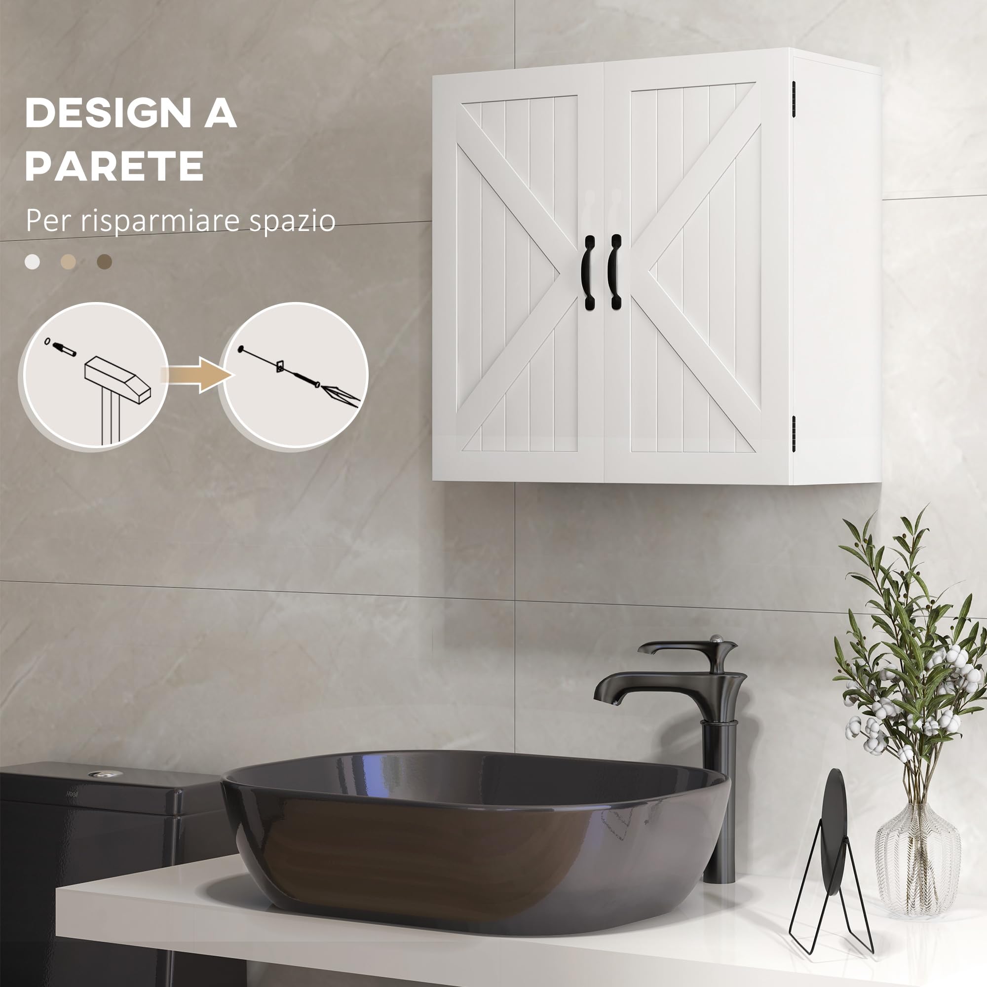 kleankin Armadietto Pensile da Bagno in Legno, Mobile Bagno a Parete Salvaspazio Stile Country con Ripiano Regolabile, 60x30x60cm, Bianco