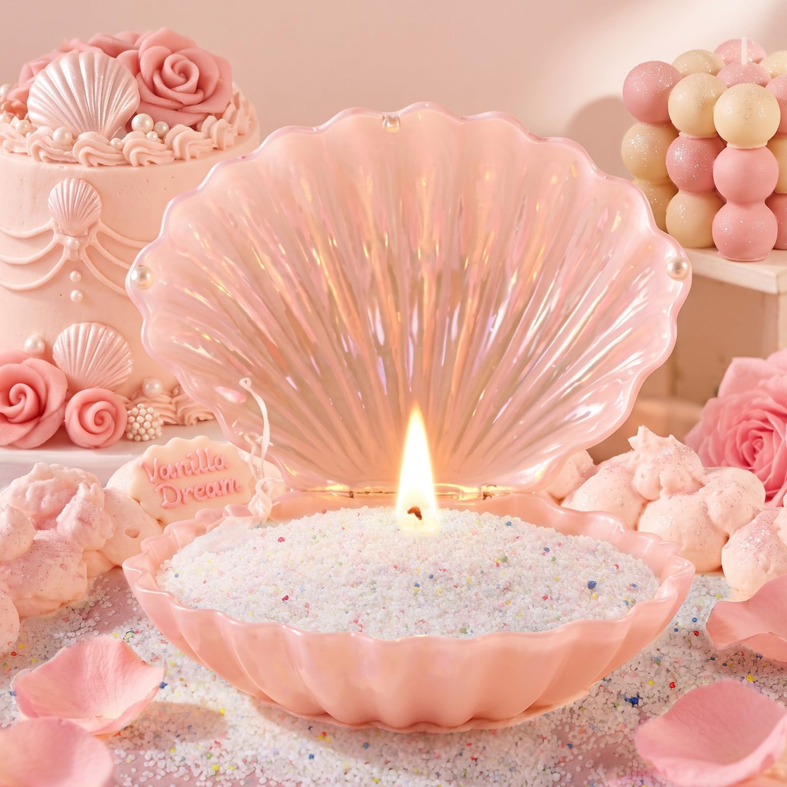 MTLEE Bougie perlée « Happy Birthday » - 1 kg - Parfum gâteau à la crème vanille - Kit de bougies parfumées au sable - Comprend 50 mèches - Boîte cadeau - Cuillère de cire perlée réutilisable pour