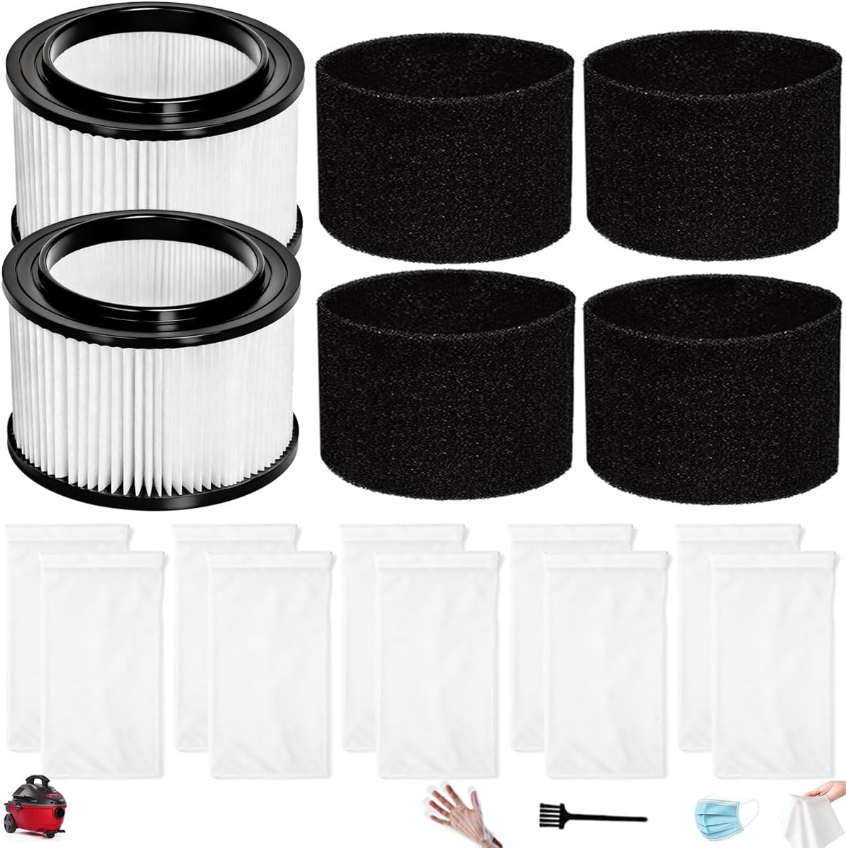 9-17810 Filter for Craftsman 3-4 Gallon Wet Dry Vac Compatible with Craftsman 17810 Shop Vac for Workshop, Auto & Jobsite Debris，2 Pack with 4 foam sleeve filter & 10 Pre-Filter Bags