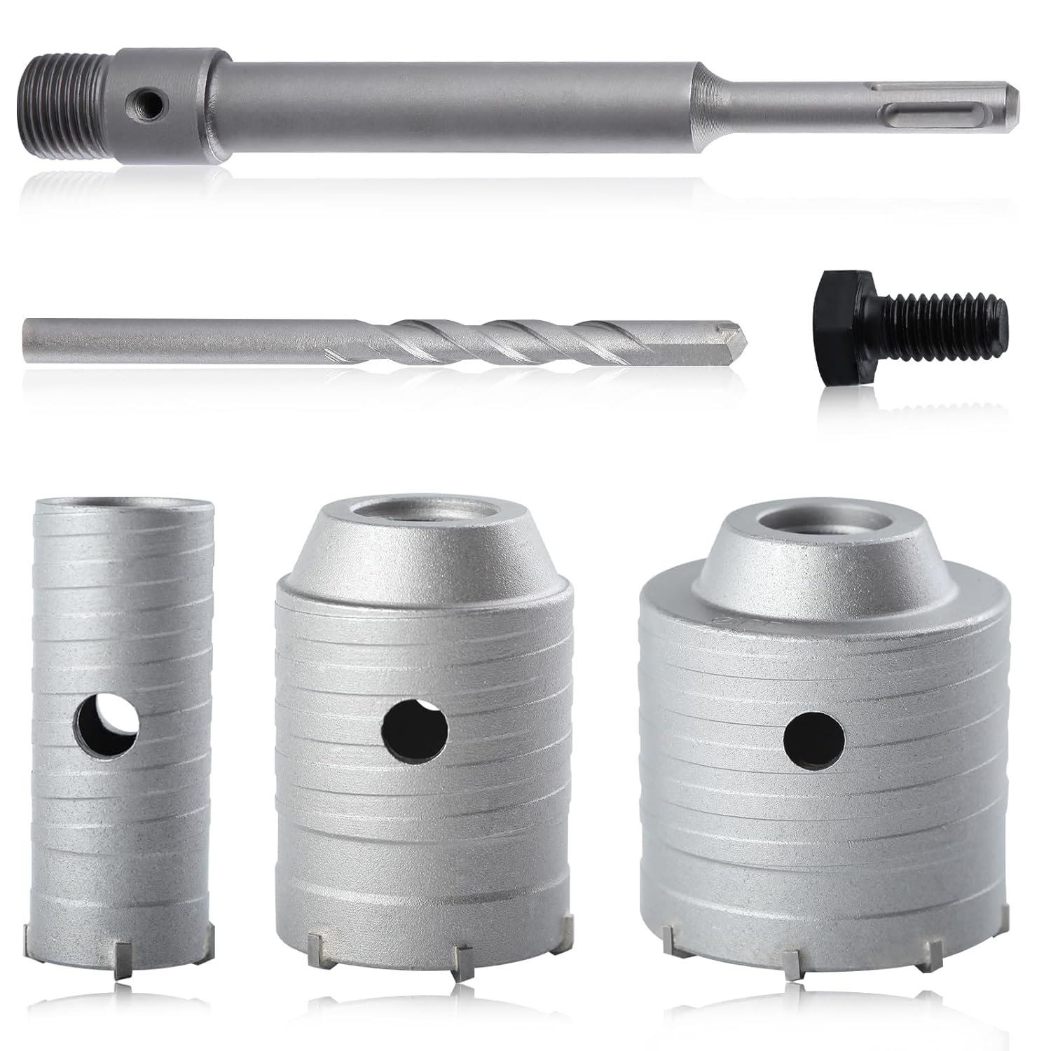 Hole Saw Kits 4Pcs Concrete Hole Saw Drill Bit 30 50 65 mm SDS Plus Shank Hole Saw with 200mm Connecting Rod Tungsten Carbide Teeth Circle Drill Bit for Cement Stone Concrete Foam Brick Wall