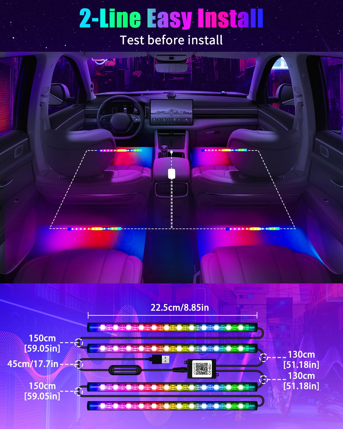 Samochodowe oświetlenie wewnętrzne LED, neonowe światła 12 V RGB, wewnętrzna listwa oświetleniowa, listwa świetlna na nogi, USB ze sterowaniem za pomocą aplikacji, pod deską rozdzielczą, światło