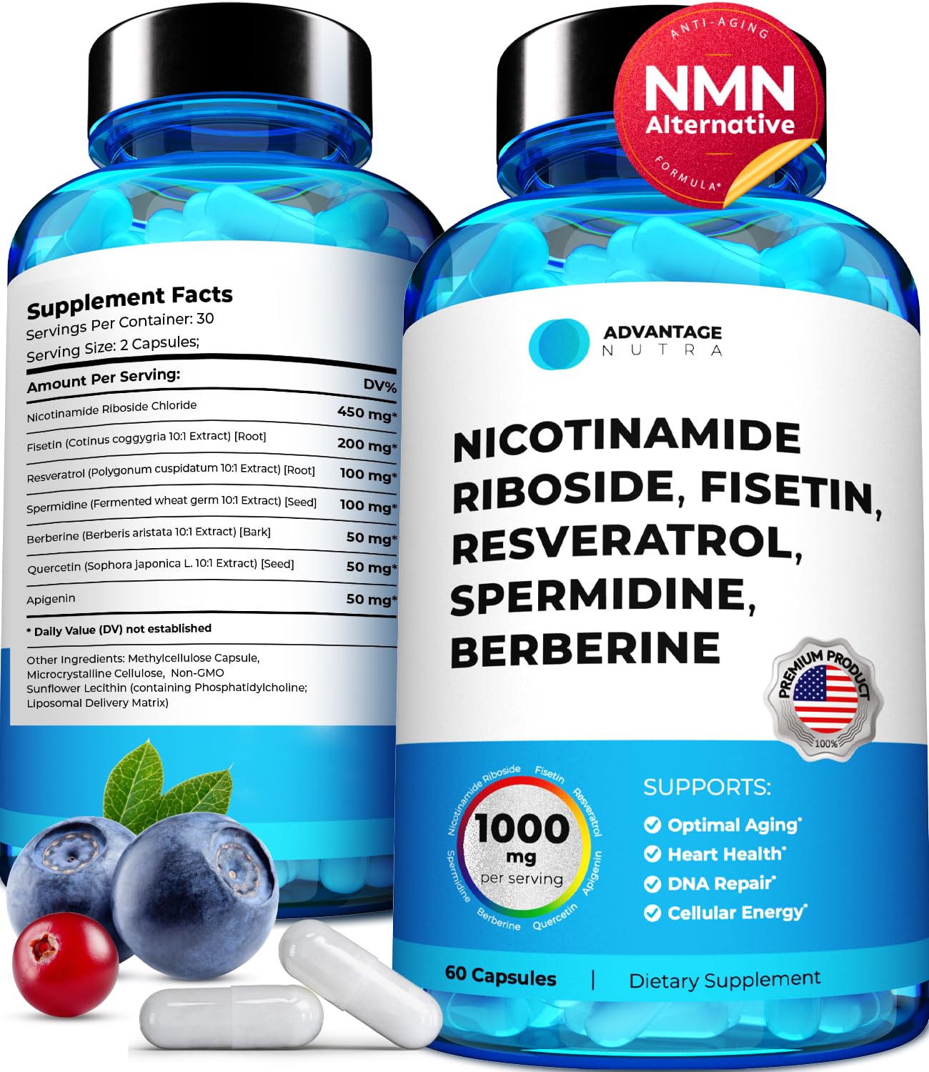 AdvantageNutra NMN Supplement Alternative - Liposomal Nicotinamide Riboside, Fisetin, Resveratrol, idine, Berberine - High Purity NAD Supplement for Anti Aging, Heart 60 Capsules