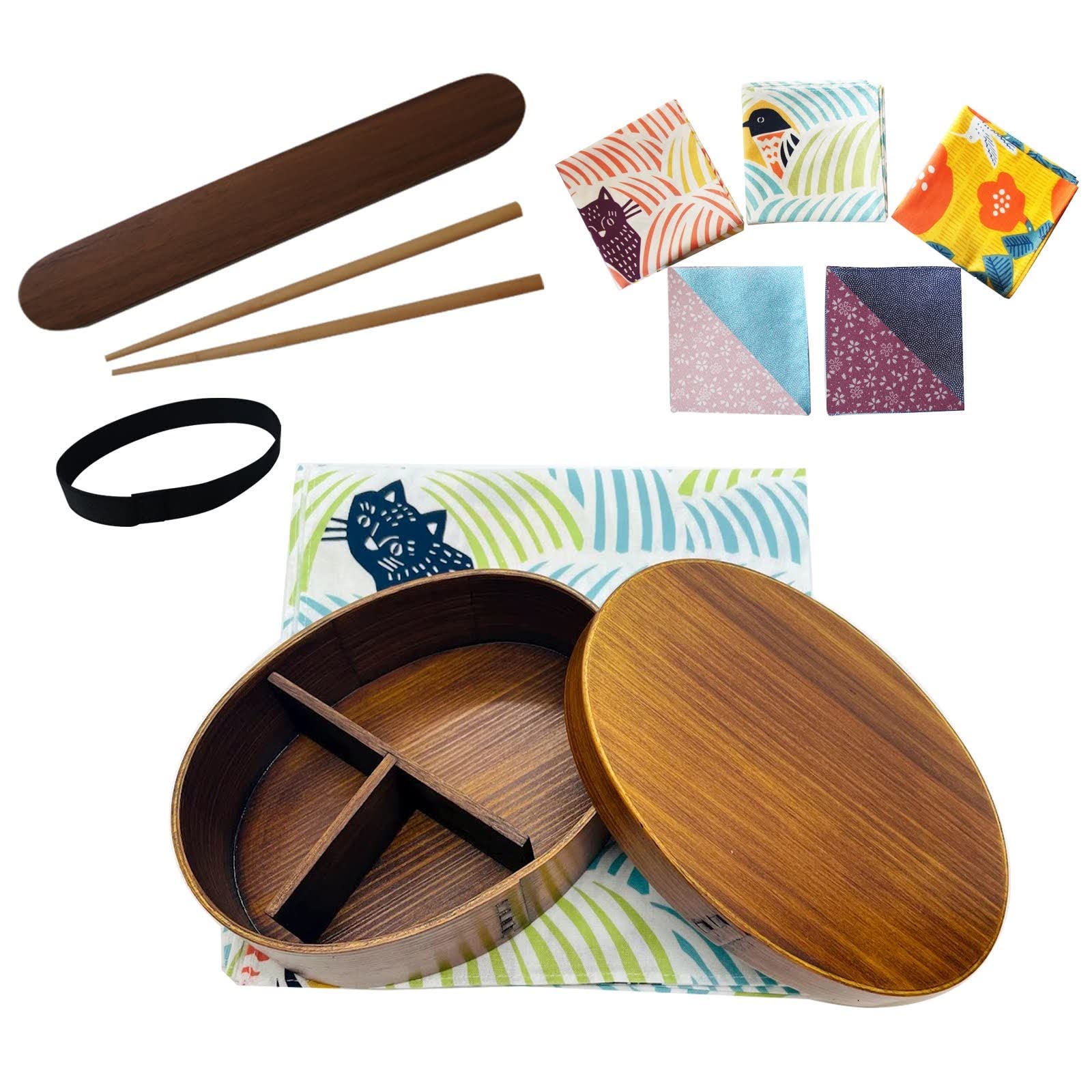 Magewappa Bento Box Brown Cedar 5pc Set Cat Bird Furoshiki 23oz Japan