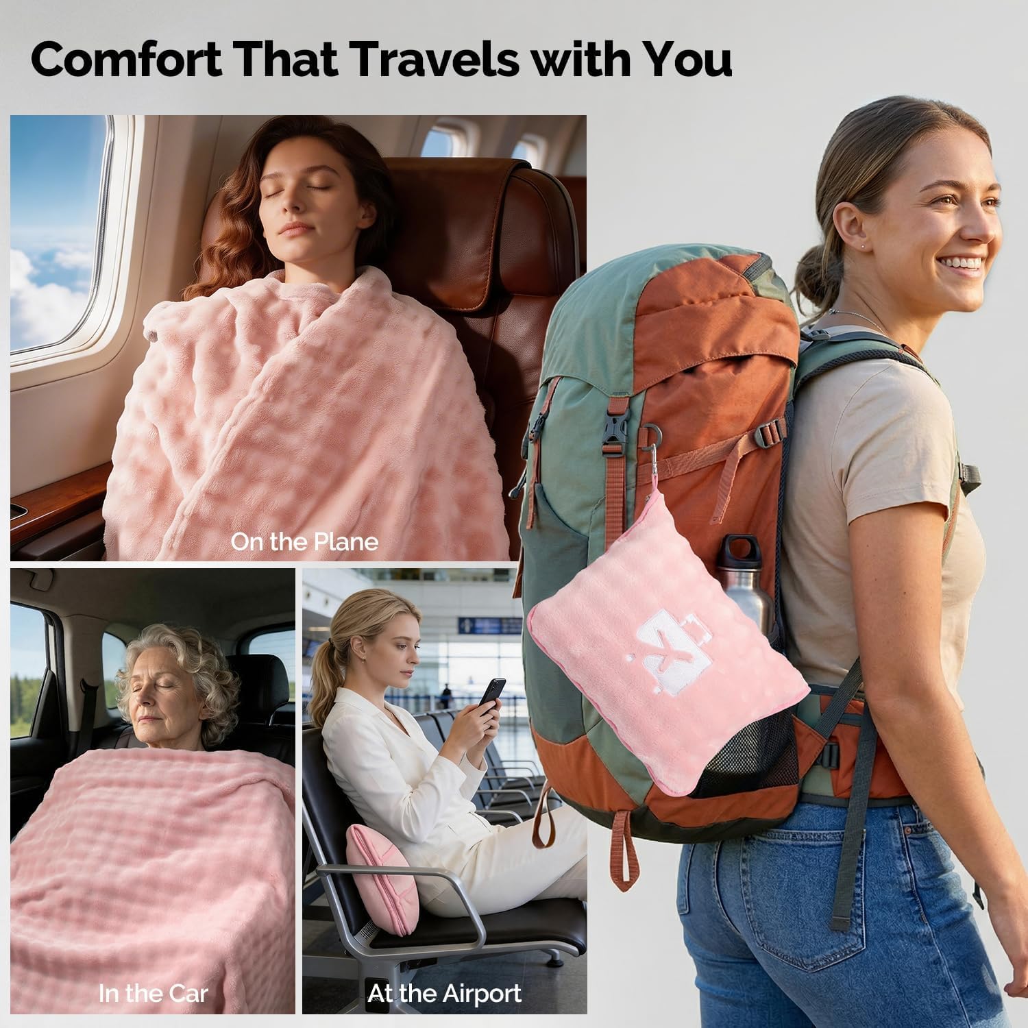 Pink Travel Blanket for Airplane, Soft Lightweight FlannelBlanket, Compact & Portable with Storage Bag, LuggageStrap & Clip, Cozy Travel Essential for Flights, Road Trips& More,40.7" x 64.1"