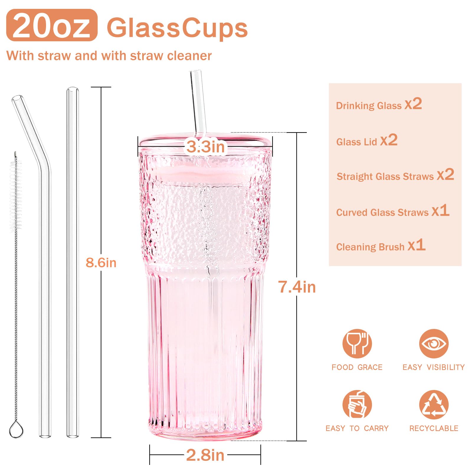GOSCHE Vasos de vidrio con popotes y tapas, 2 unidades, tarro de vidrio de 20 onzas, tazas de café helado, cristalería ondulada vintage, tazas de batido para agua, café, té, rosa