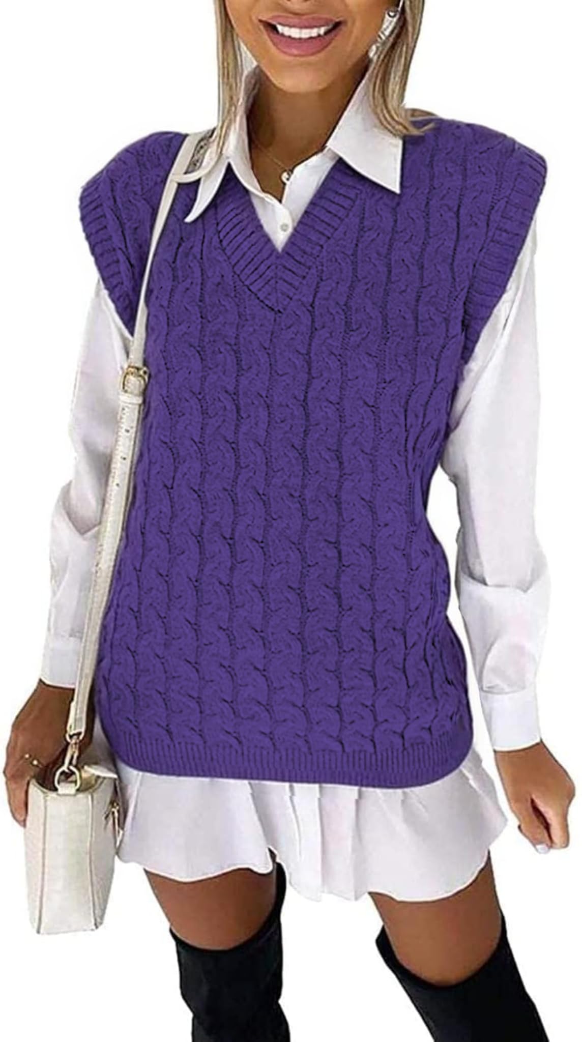 Wearall Women's Purple Weaall Cable Knit Sleeveless Vest Knitted Jumper Tank Top Winter Chunky Sweaters 12-14