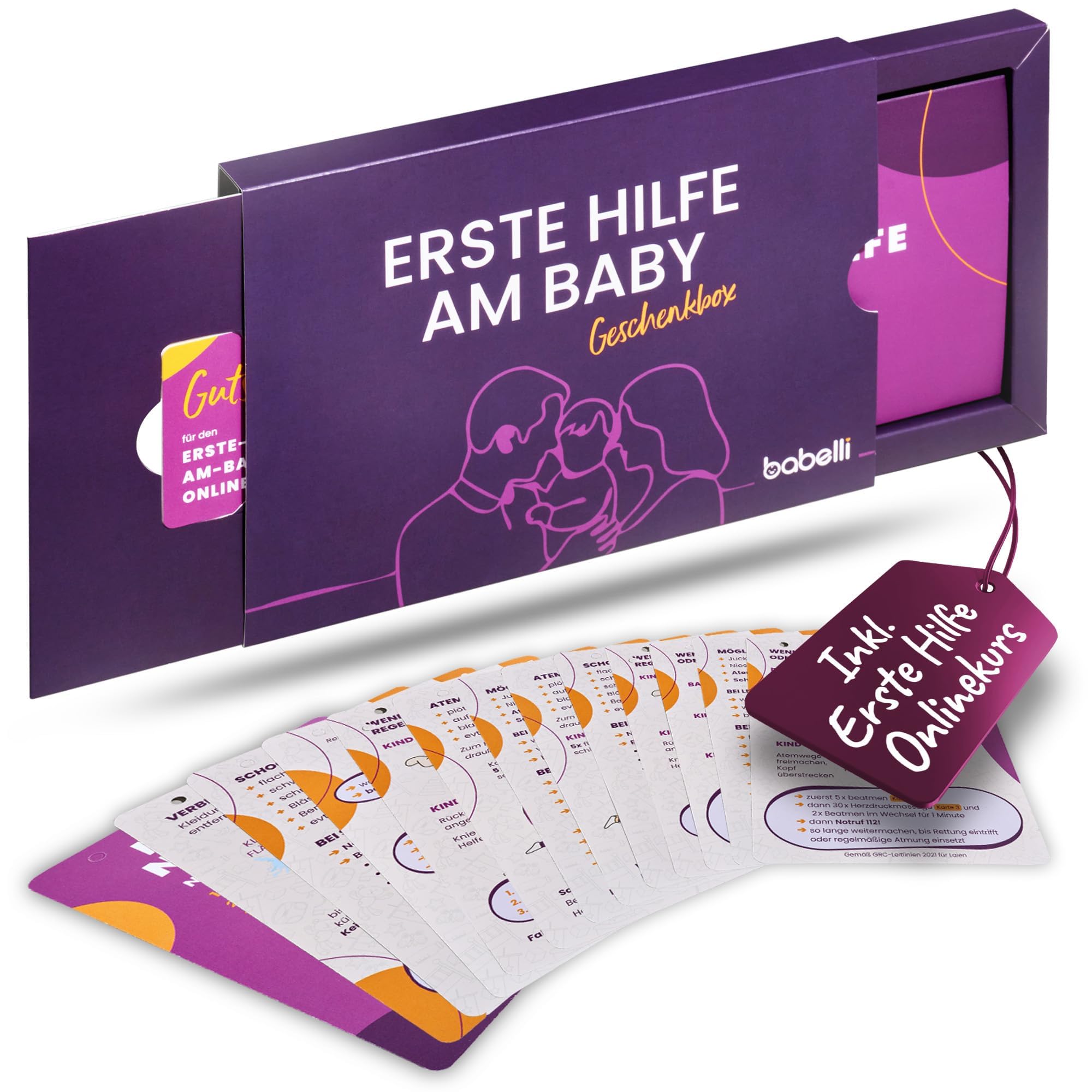 Geschenk zur Geburt: Onlinekurs Erste Hilfe am Baby - Geschenkbox mit Wissenskarten