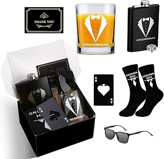 DHQH 6PCS Groomsmen Proposal Gift Box with Wine Glass Sunglasses Socks Bottle Opener Groomsmen Gifts for Wedding Groomsman Best Man Gift (Black)