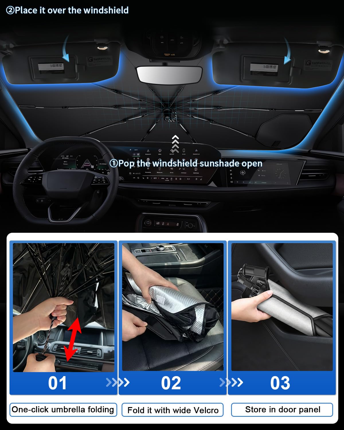 SHAOHAO Compatibile con Audi Q5 S RS 2018-2026 Ombrello parasole per auto Parasole per parabrezza Facile da riporre Maniglia con cordino Protezione UV Accessori parasole