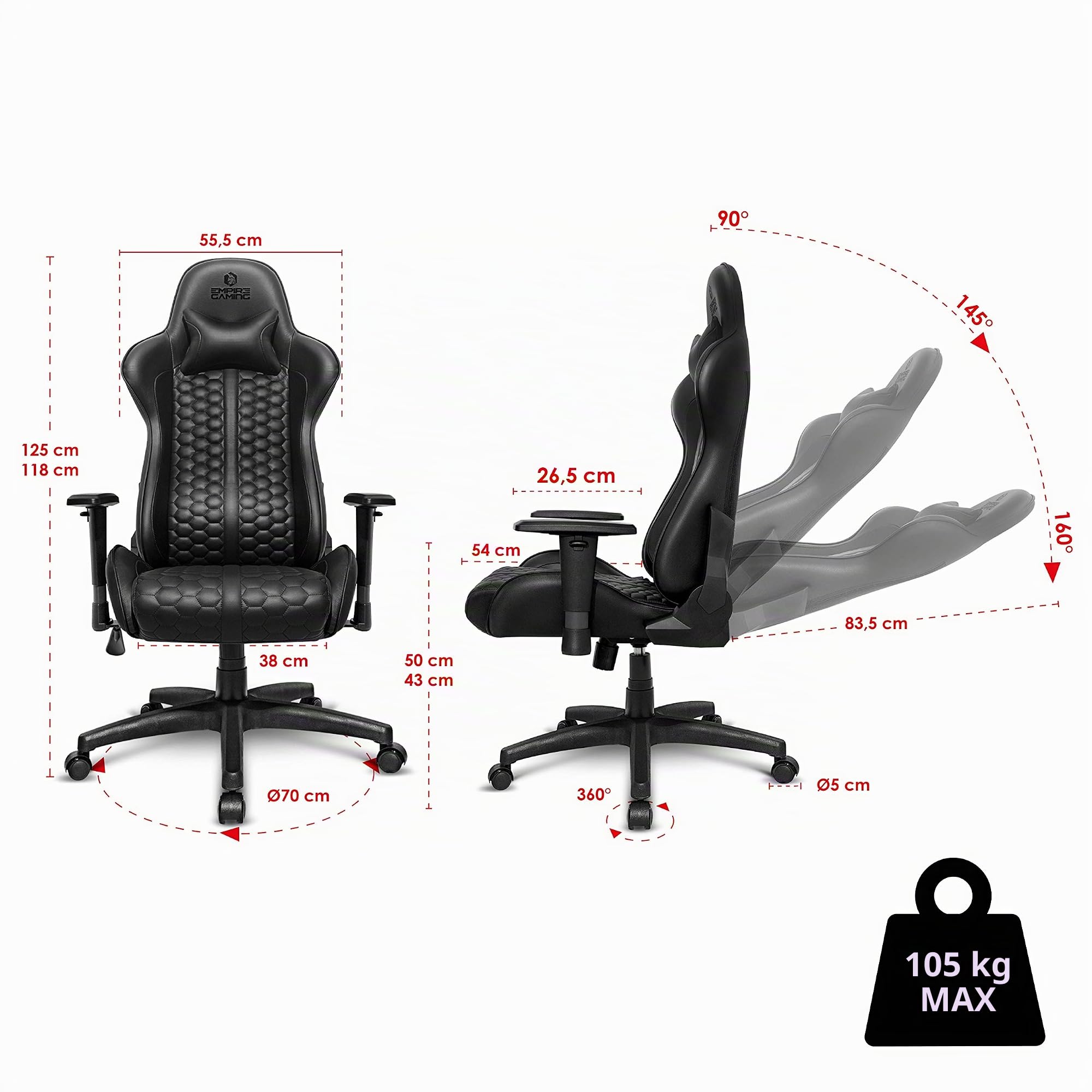 EMPIRE GAMING - Black Edition Chaise Gaming Fauteuil de Bureau Gamer - Cuir Véritable - Siège Ergonomique avec Coussin Lombaire Intégré - Dossier Inclinable - Accoudoirs Réglables