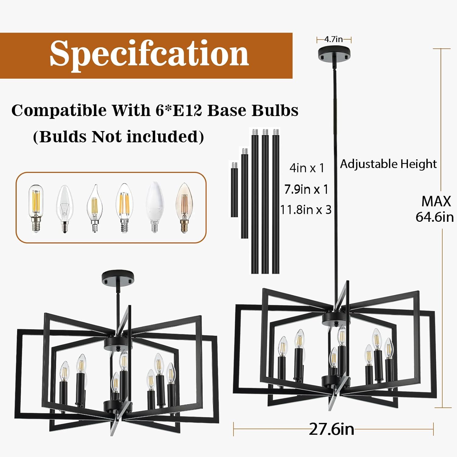8-Light Large Black Chandelier for Dining Room Light Fixture Over Table Foyer Lighting Fixtures Modern Farmhouse Geometric Metal Hanging Chandeliers for Living Room Entryway Hallway Kitchen Island