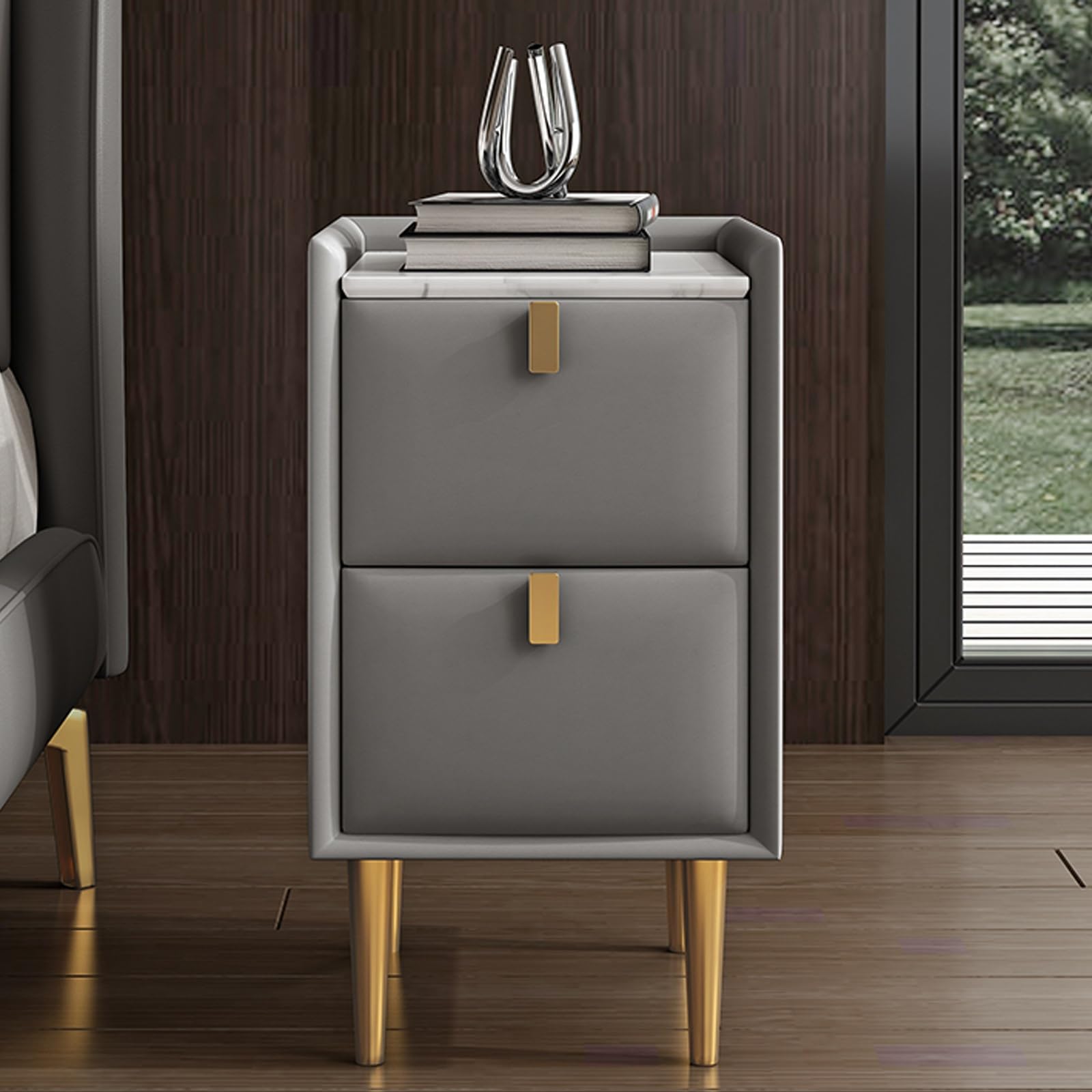 Narrow Bedside Table, Small Space with 2 Drawer, Solid Wood Side Table for Bedroom, Living Room, Dorm(Gray,25cm/9.8in)