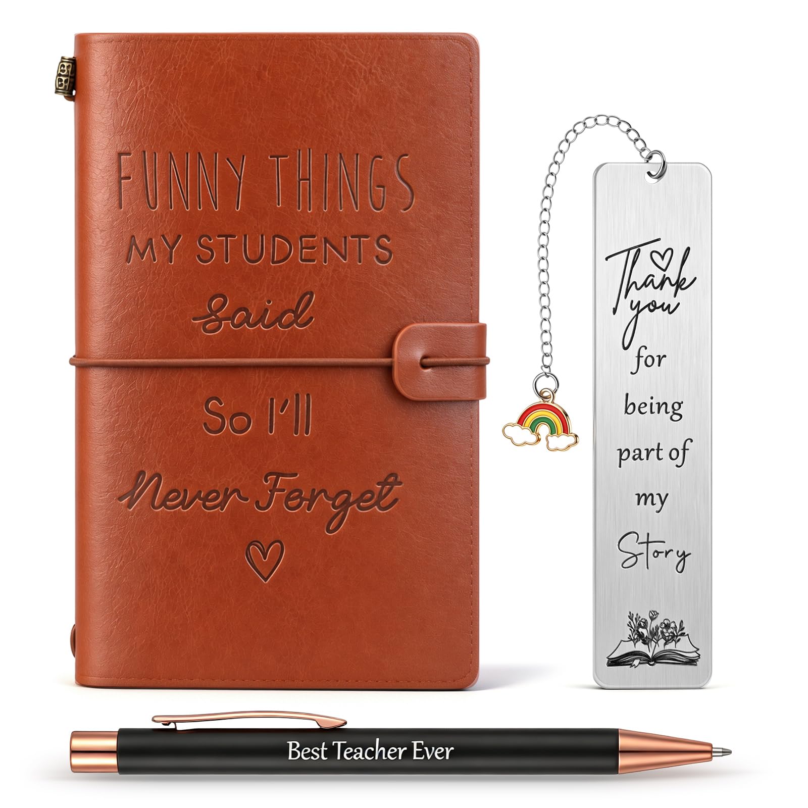 Nezyo Thank You Gift for Teacher Leather Notebook Rainbow Bookmark Ballpoint Pen Set End of Year Teachers Leaving Gifts Appreciation Gifts for Graduation, Thanksgiving, Birthday, or Christmas