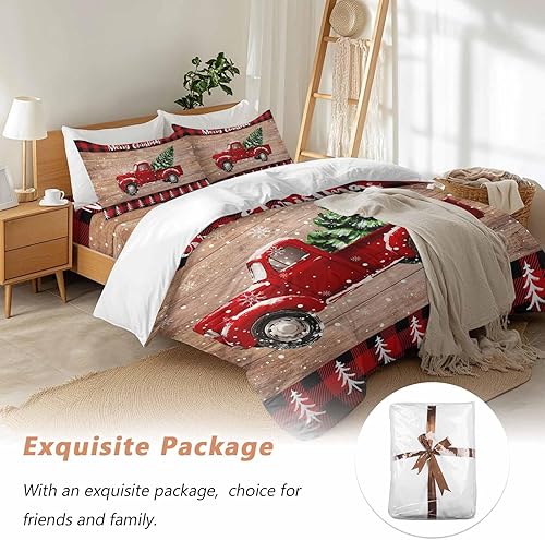 Miniatura 9 de Juego de fundas de edredón de Navidad tamaño Queen, camión rojo con carga de árbol de Navidad en la tabla de madera, juego de funda de edredón de 4