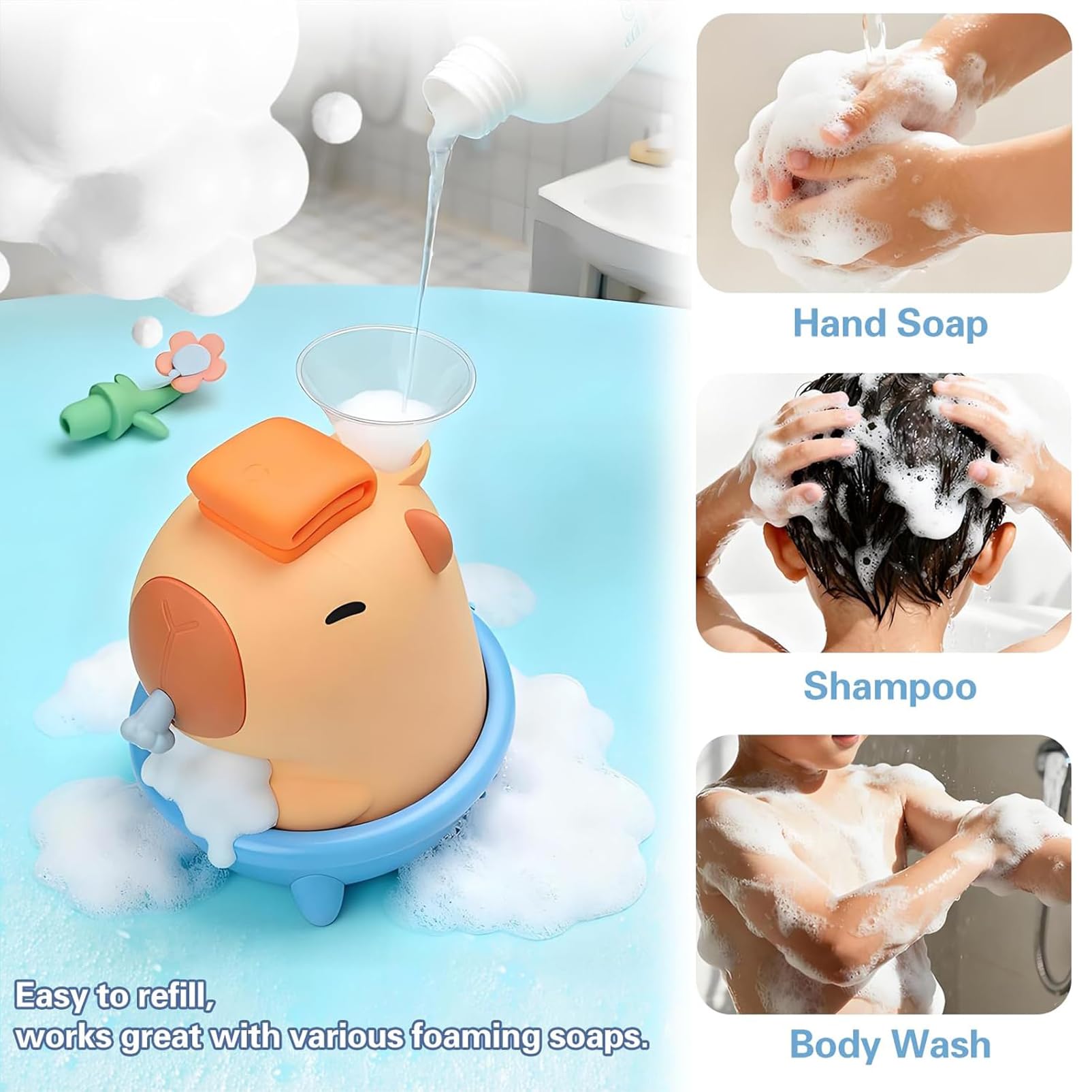 Capybara Automatischer Schaumseifenspender, berührungslos, wiederaufladbar, Wandhalterung und Arbeitsplatte, niedliche Tierseifenpumpe für Badezimmer, Küche, Kinderzimmer, Blau