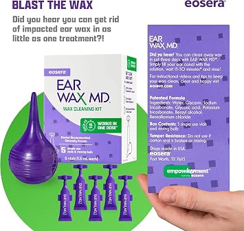 eosera Ear Wax MD Cleaning Kit - Fast-Acting Ear Wax Dissolving Drops & Rinse Bulb Syringe - Doctor Recommended, Clinically Proven Earwax Dissolver for Adults & Kids - Works in 15 Minutes - 5 Vials