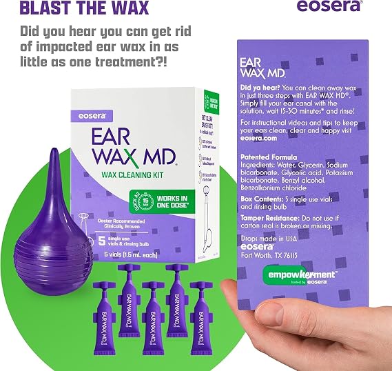 eosera Ear Wax MD Cleaning Kit - Fast-Acting Ear Wax Dissolving Drops & Rinse Bulb Syringe - Doctor Recommended, Clinically Proven Earwax Dissolver for Adults & Kids - Works in 15 Minutes - 5 Vials