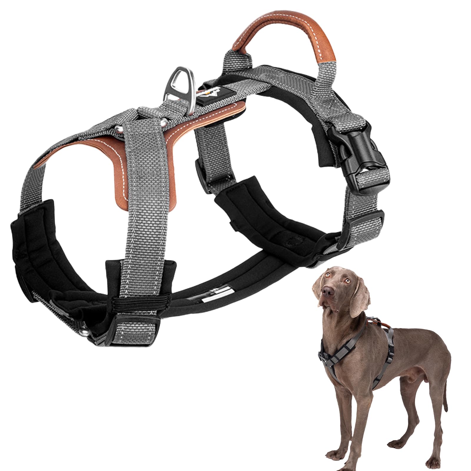 Duuclume No-Pull Dog Harness with Leather Padding,Reflective Escape Proof Pet Vest Harness with A-Buckle, Adjustable Nylon Webbing (Grey, S)
