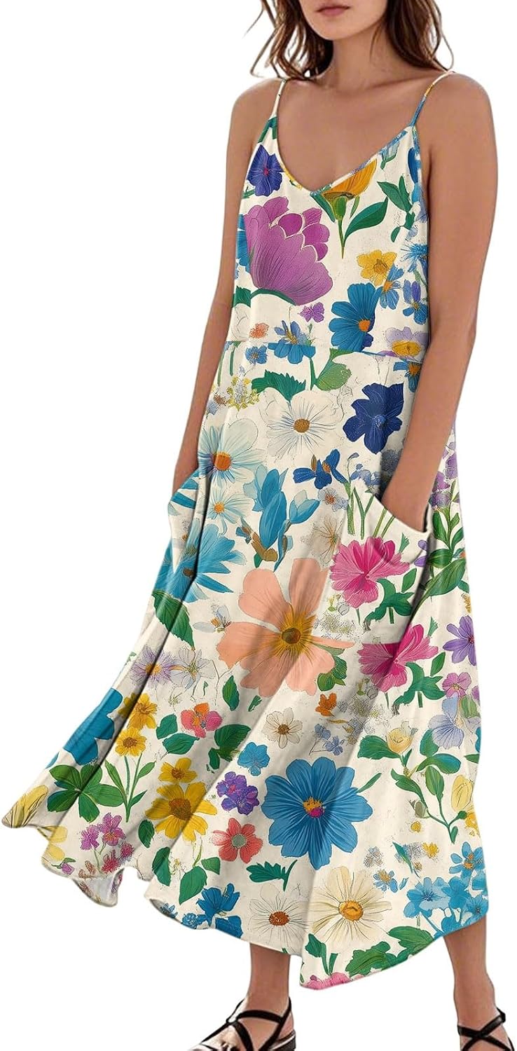 Summer Dresses for Women Boho Floral Maxi Dresses Sexy Spaghetti Strap Long Flowy Swing Beach Vacation Sundress