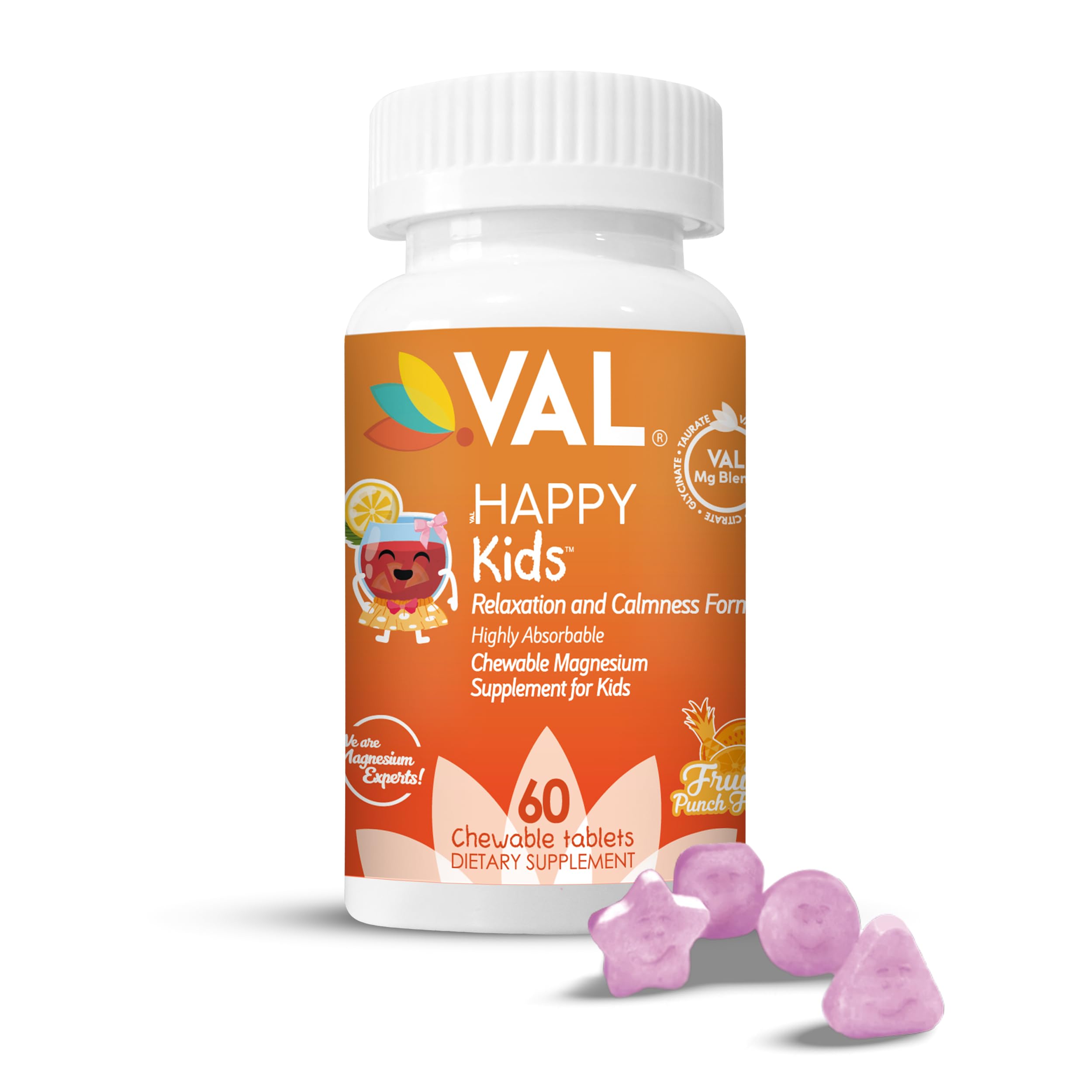 VAL Magnesium for Kids | High-Absorption Magnesium for Calm, Relaxation & Focus | Mg Glycinate, Citrate & Taurate | with Vitamin B6, D & C | Sugar-Free, Non-GMO | 60 Chewable Tablets