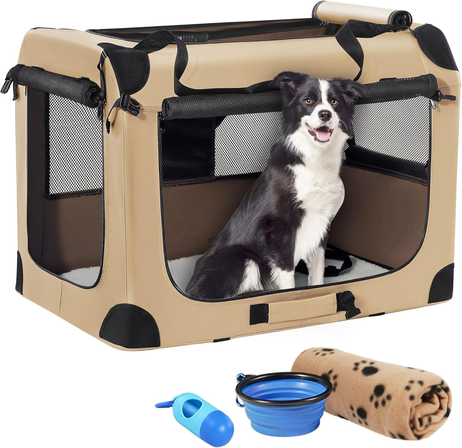 Petprsco Tragbare Faltbare Hundebox, Reise-Hundebox, 60 x 42 x 42 cm, mit weicher, Warmer Decke und faltbarem Napf für große Katzen und kleine Hunde, drinnen und draußen