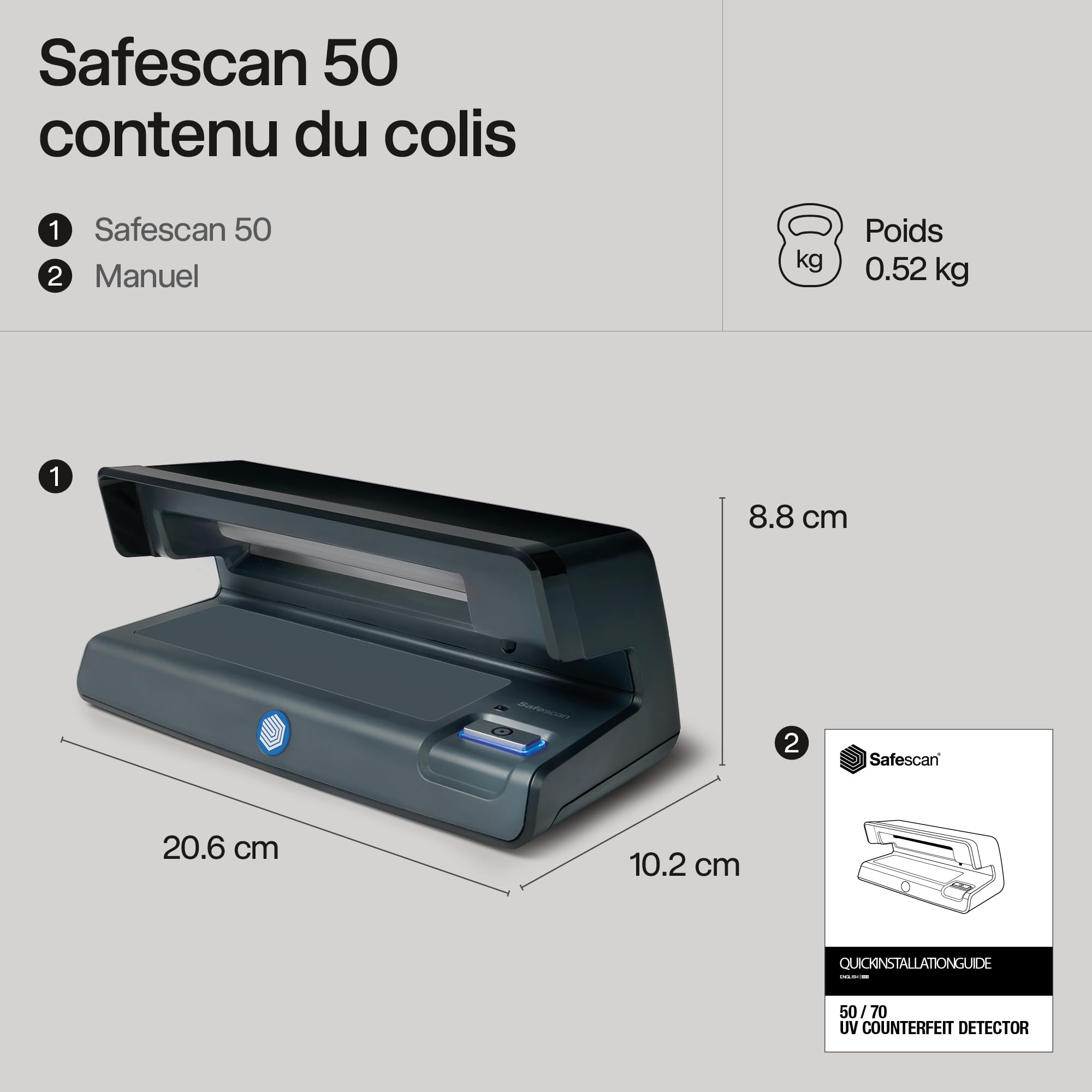Safescan 50 Noir - Détecteur de faux billets UV pour la vérification des billets de banque, des cartes de crédit et cartes d'identité, 131-0397