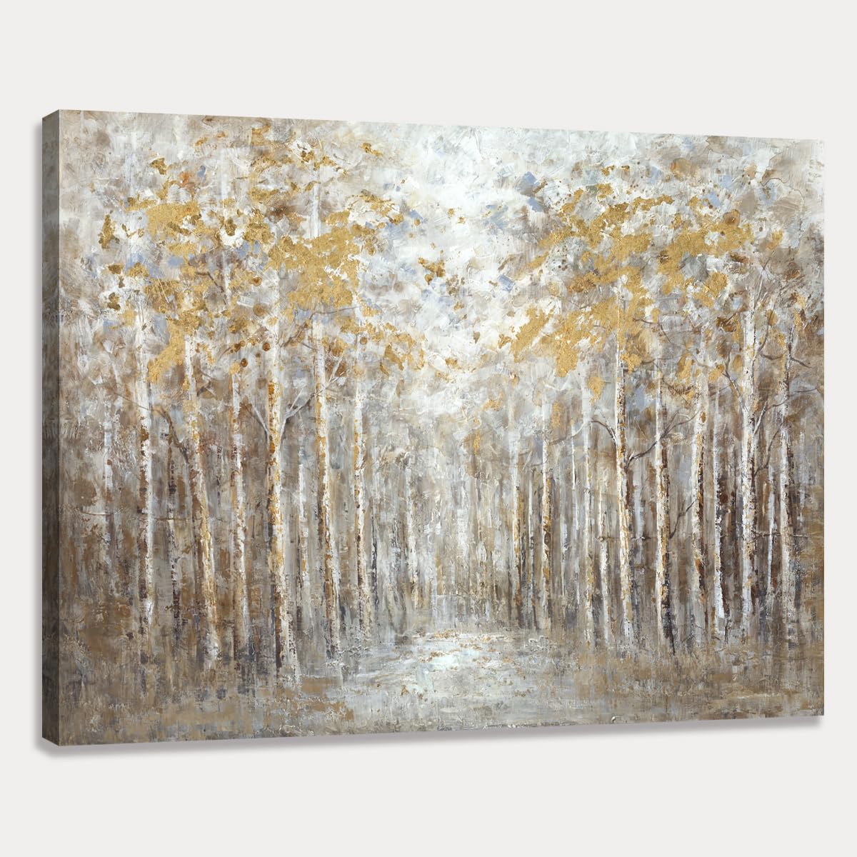 Gold and Beige Abstract Birch Forest Painting Decor Wall Art Birch Landscape Hand Painted Canvas Artwork for Modern Bedroom Bathroom Walls Hanging 15x12