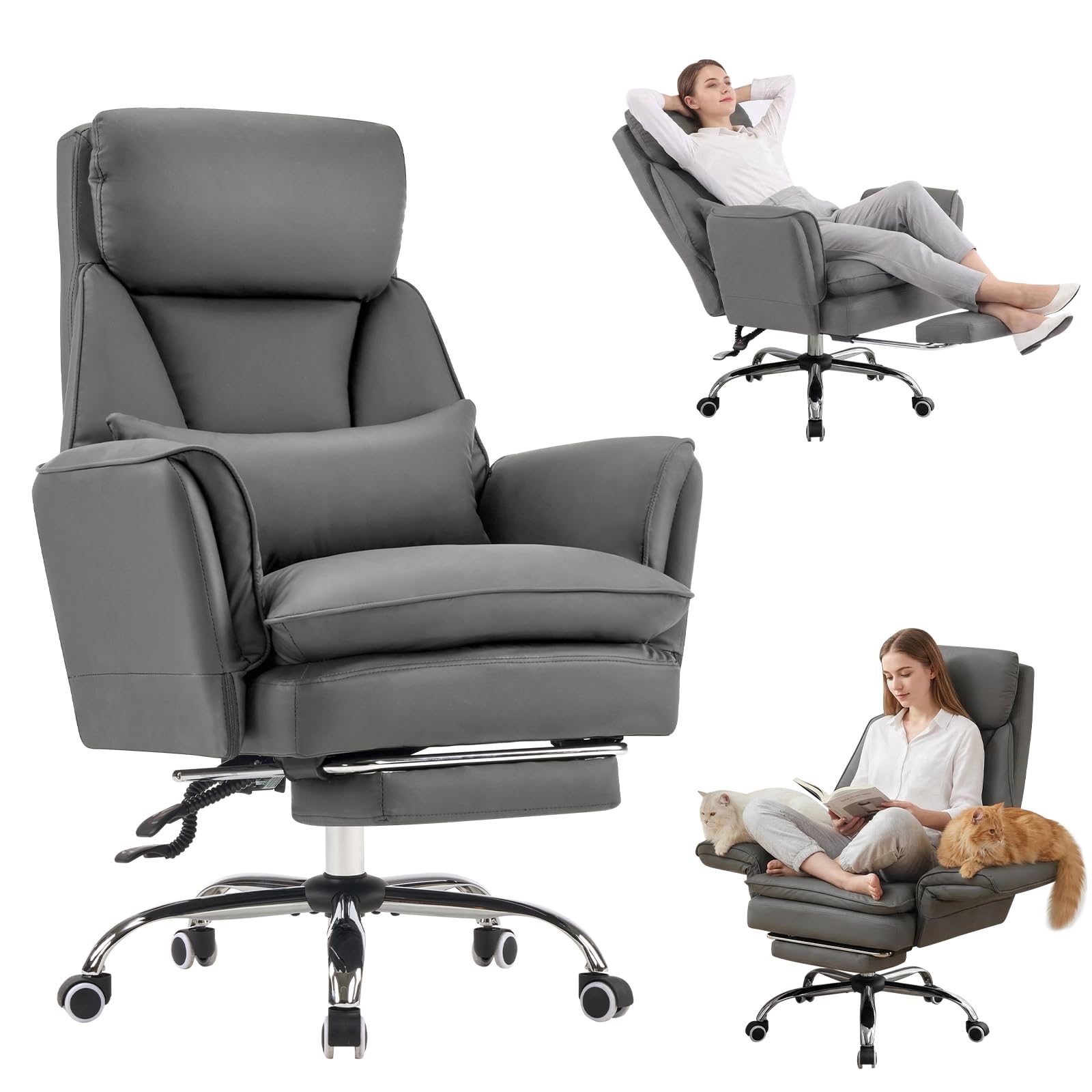 Sedia da Ufficio con Braccioli Regolabili a 5 Livelli, Poltrona Ufficio Ergonomica con Poggiapiedi, Sedia da Gioco in Pelle PU con Altezza Regolabile e Schienale Reclinabile 200kg, Grigio