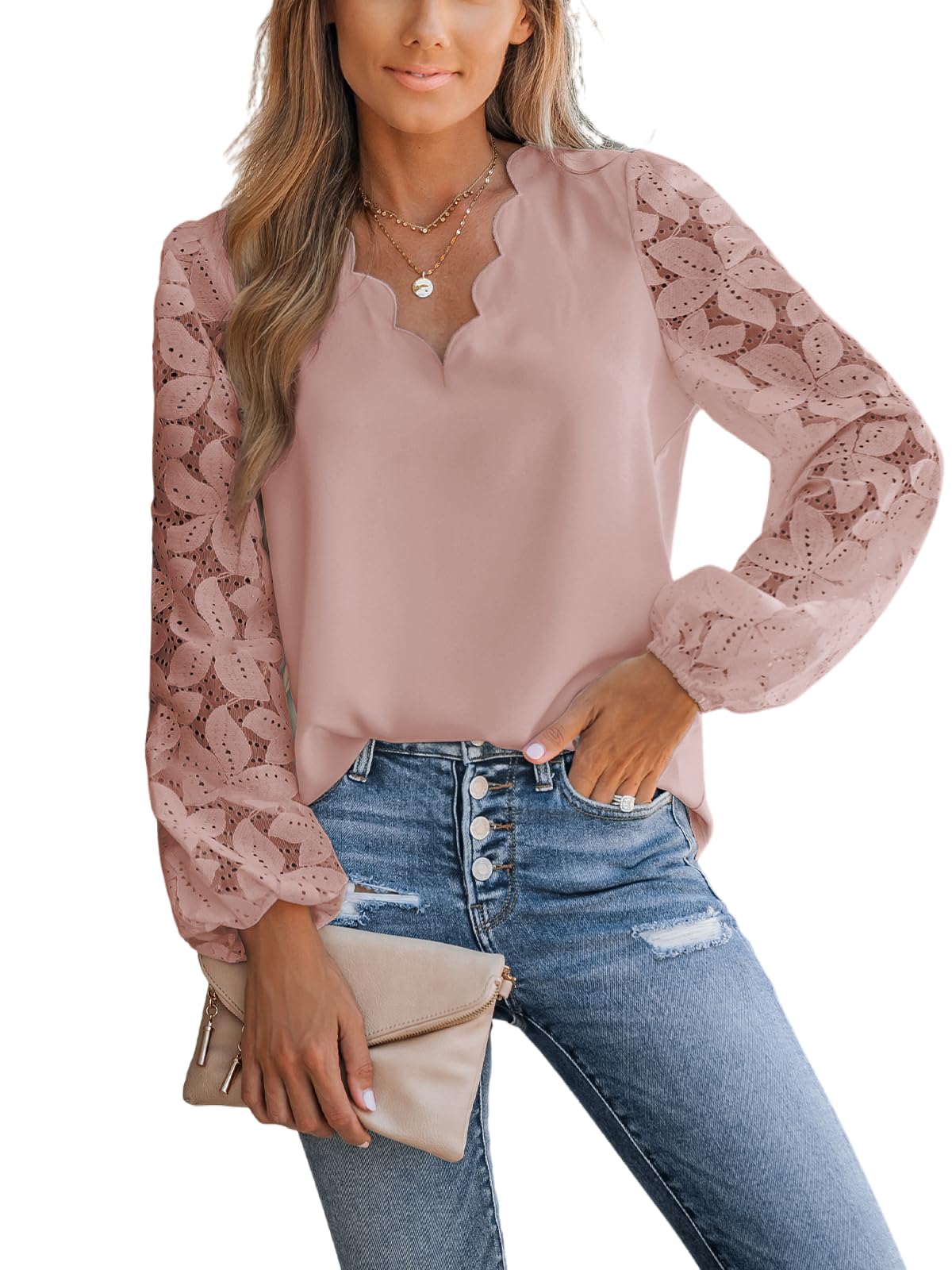 CUPSHE Camicetta elegante da donna in pizzo floreale smerlato, top, manica lunga, scollo a V