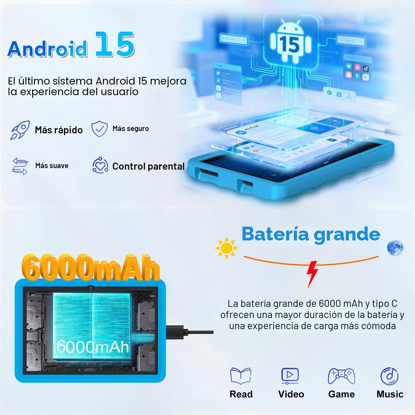 DMOAO Tablet para Niños 10 Pulgadas Android 15 con 30 GB RAM, 5G WiFi 6, Control Parental, 8-Core, 8MP + 5MP, 6000 mAh, Tablet Infantil con Funda Protectora EVA + Soporte 360° Giratorio, Zafíreo