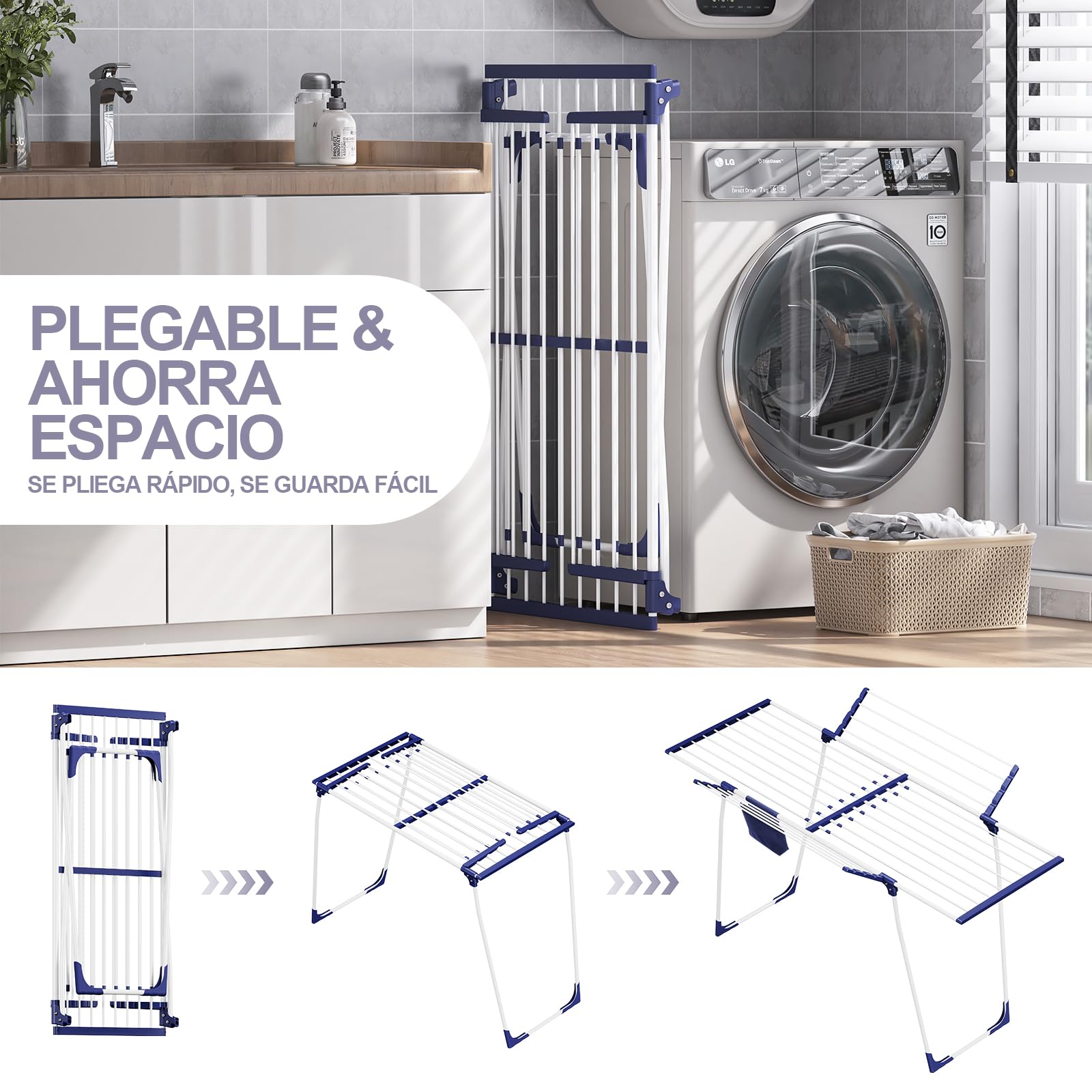 SYKIARIOL Tendedero de Colada, Colgador de Ropa Plegable Extensible, Secadora de alas con alas, con Bolsa de Pinzas y Soporte para Calcetines, Adecuado para Ropa y Toallas