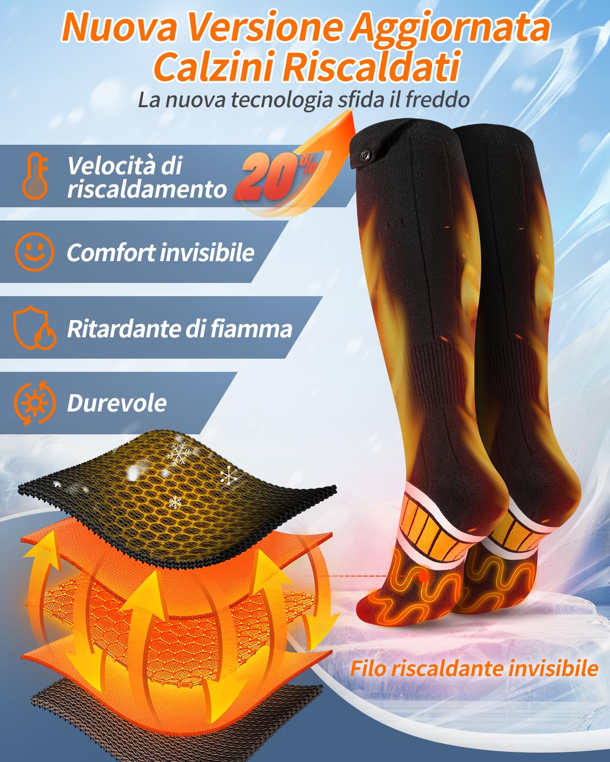 Calzini Riscaldati A Batteria – 2 Batterie 5000mAh, 3 Livelli Di Calore Fino A 60°C, Taglia Unica EU 37-48, Lavabili, Ideali Per Caccia, Sci, Trekking
