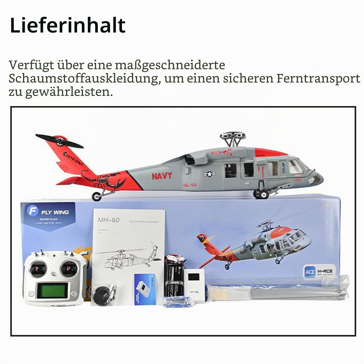FLYWING RC-Hubschrauber MH 60R, bürstenloser Motor | 3 Fahrstufen, ATT-Flugmodus, passend für Einsteiger & Fortgeschrittene