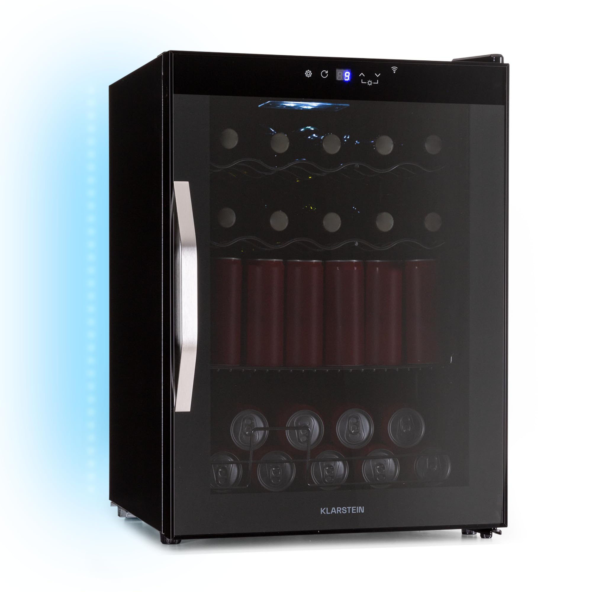 KLARSTEIN Coachella 60 Nevera para Bebidas - 60L Frigorífico para Bebidas con Wifi, Puerta de Cristal, Iluminación Led, 3-18°C, 3 Estantes Metálicos, 7 Colores, Negra