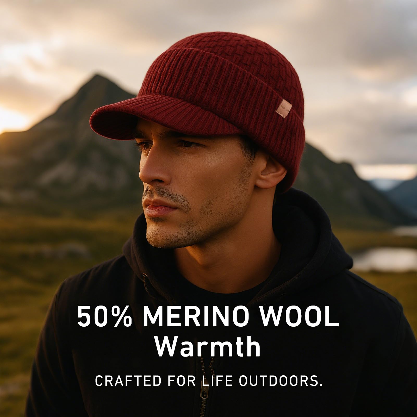 TOP-EX PolarWool™ 50% lana merino con pico para hombre y mujer con forro polar, visera térmica de invierno para clima frío, M-XXL