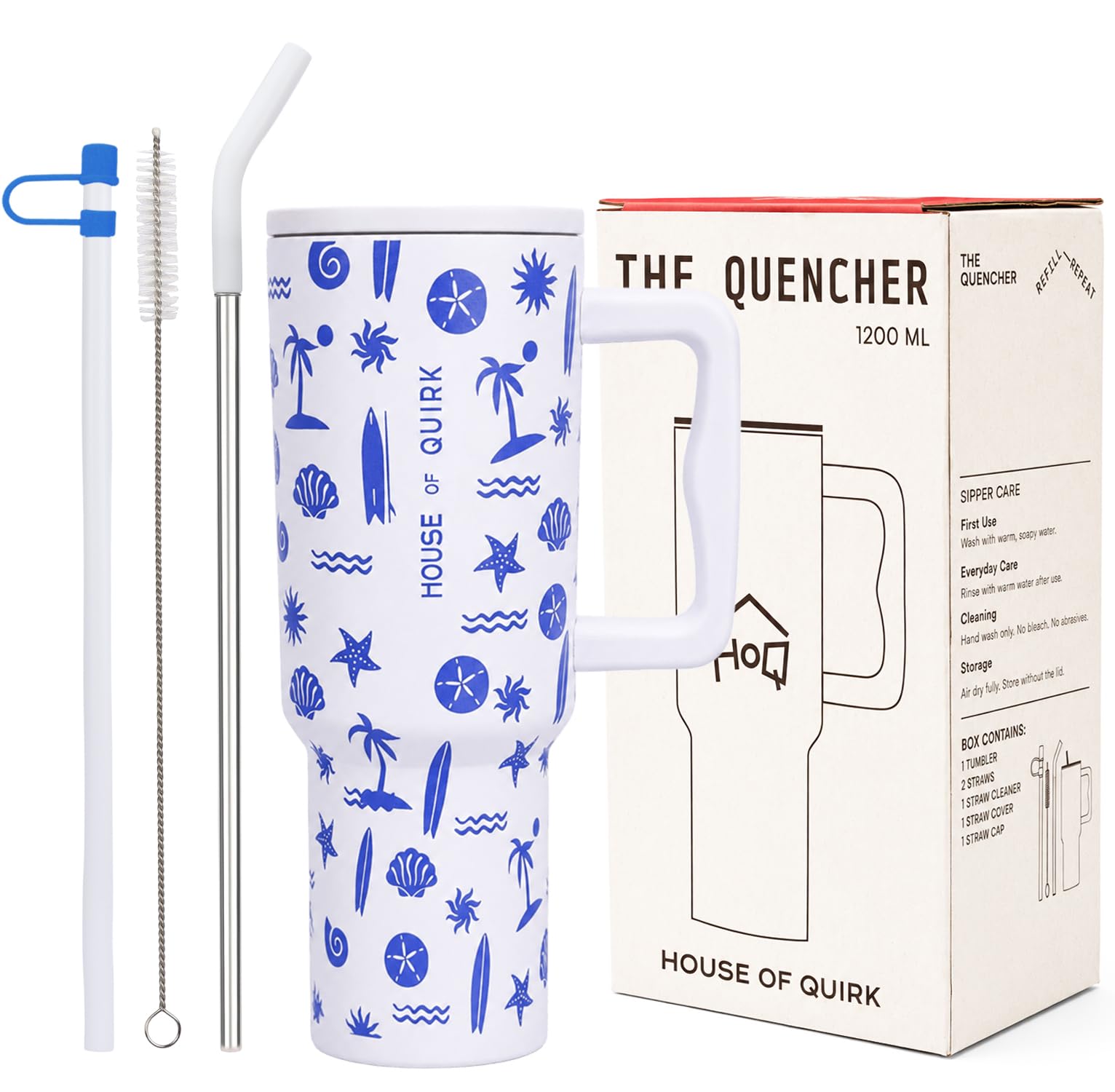 House of Quirk 1200ML Stainless Steel Tumbler with Handle & Lid, 2 Straws – Large Travel Mug Water Cup for Gym, Office & Outdoor Use (Seanova) discount deal